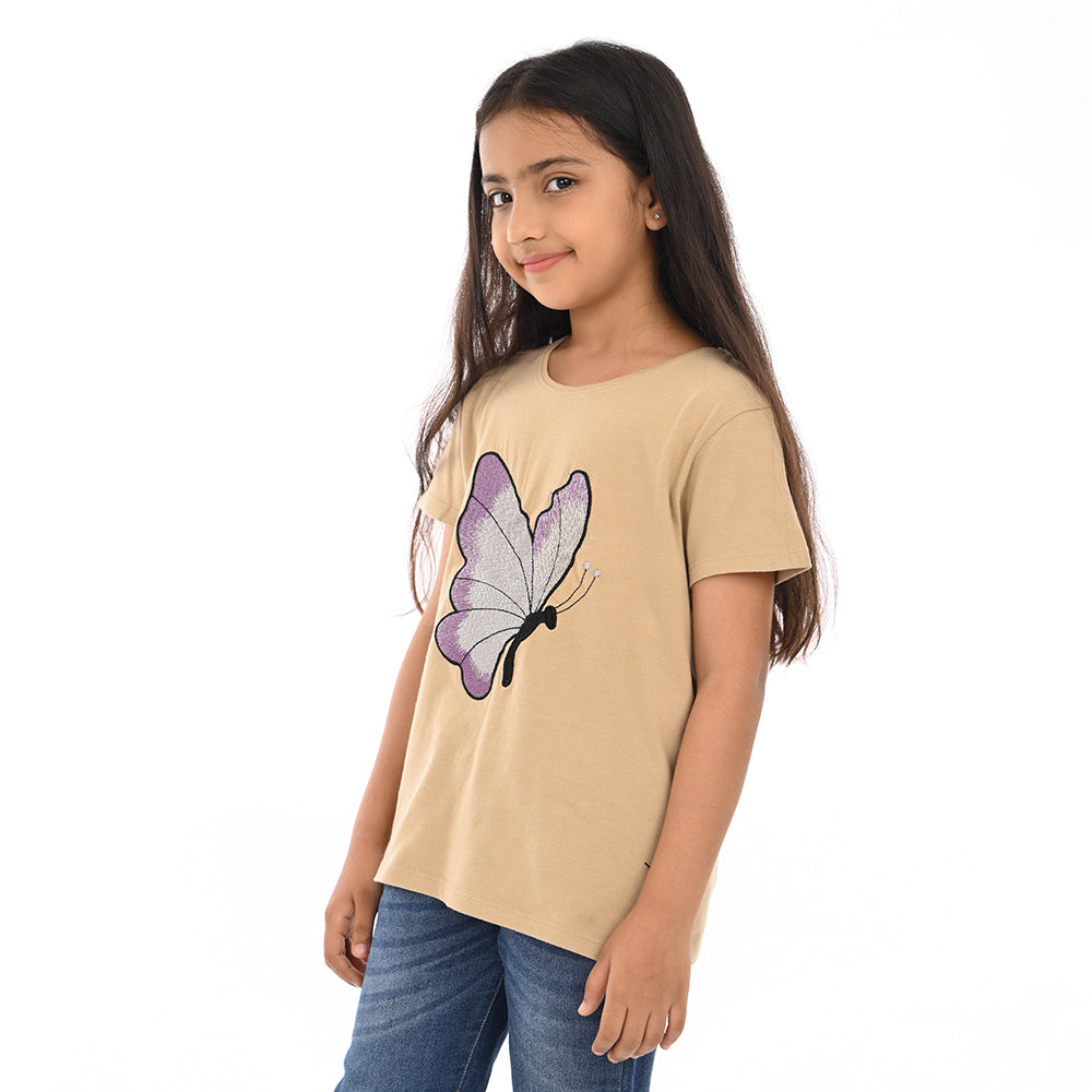 Beige 100% Cotton Crew Neck Girl's T Shirt