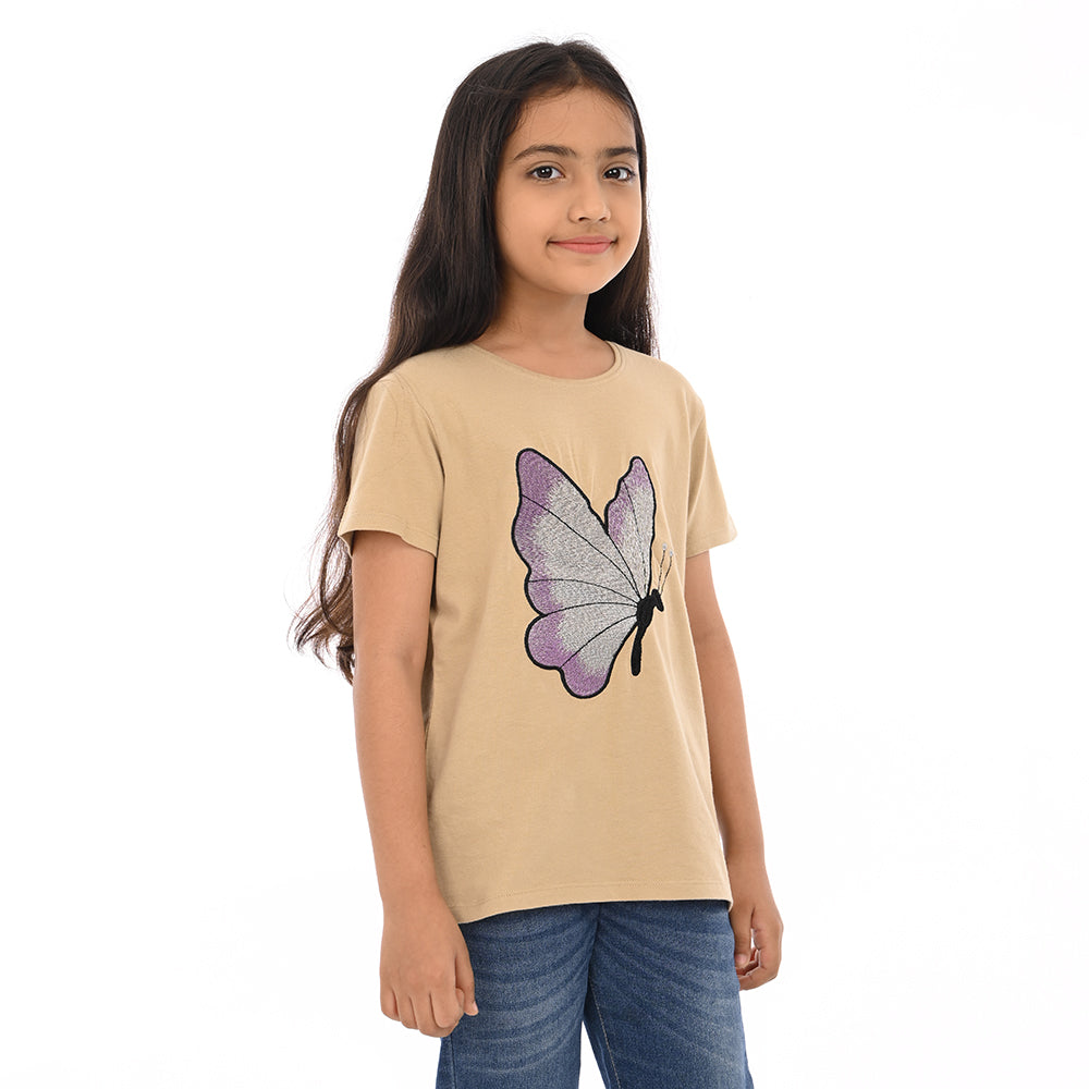 Beige 100% Cotton Crew Neck Girl's T Shirt