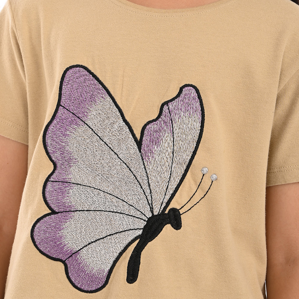 Beige 100% Cotton Crew Neck Girl's T Shirt