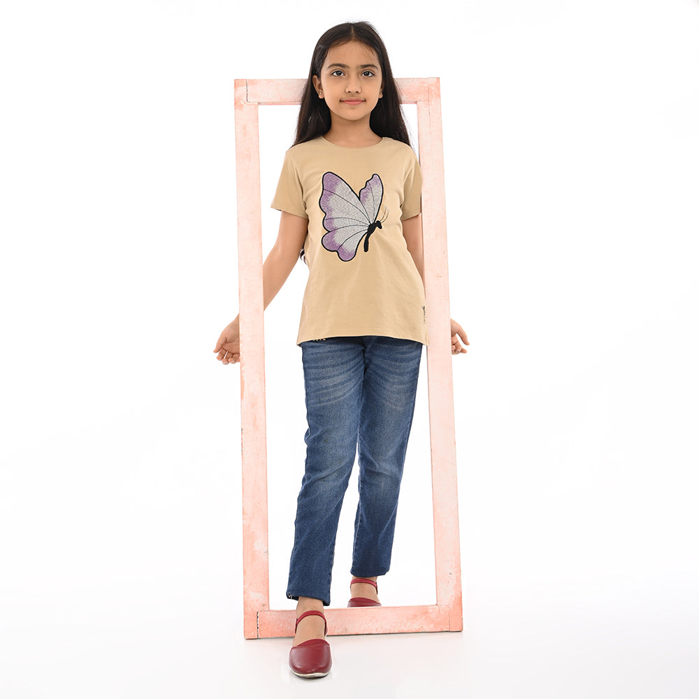 Beige 100% Cotton Crew Neck Girl's T Shirt