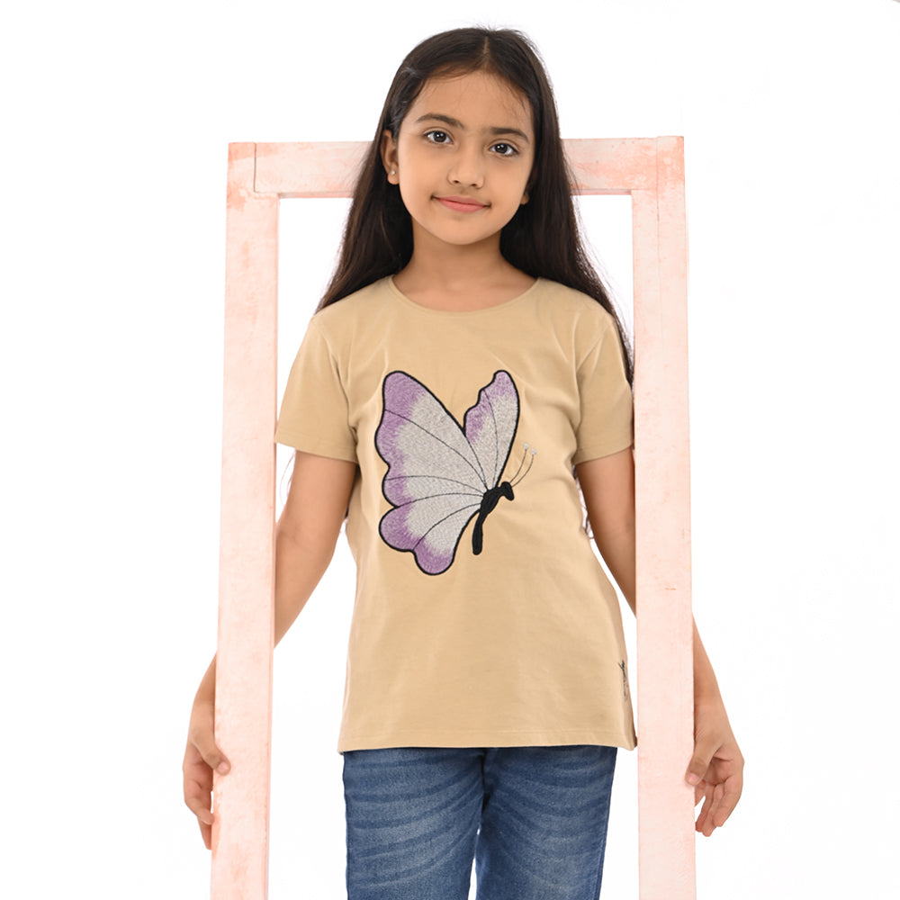 Beige 100% Cotton Crew Neck Girl's T Shirt