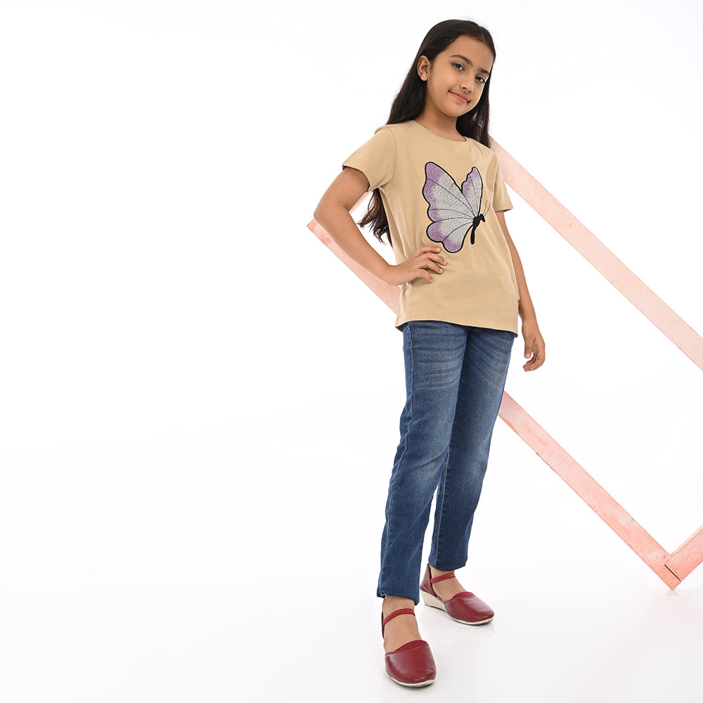 Beige 100% Cotton Crew Neck Girl's T Shirt