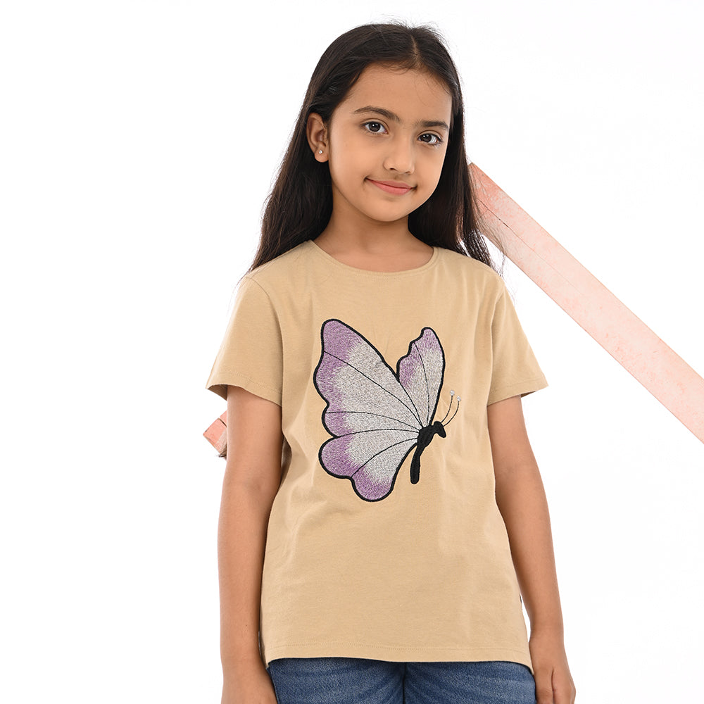 Beige 100% Cotton Crew Neck Girl's T Shirt