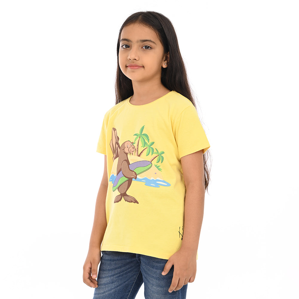 Yellow 100% Cotton Crew Neck Girl's T Shirt