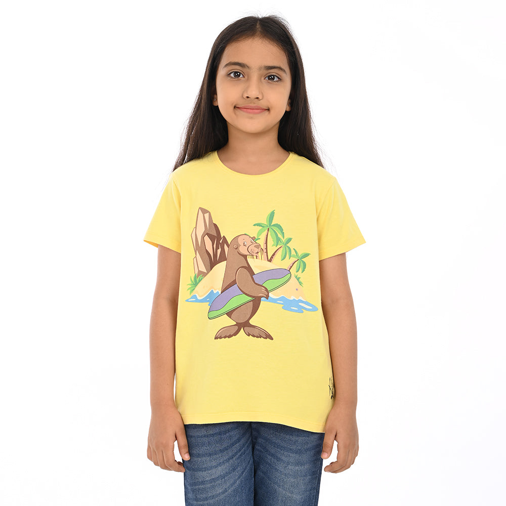 Yellow 100% Cotton Crew Neck Girl's T Shirt