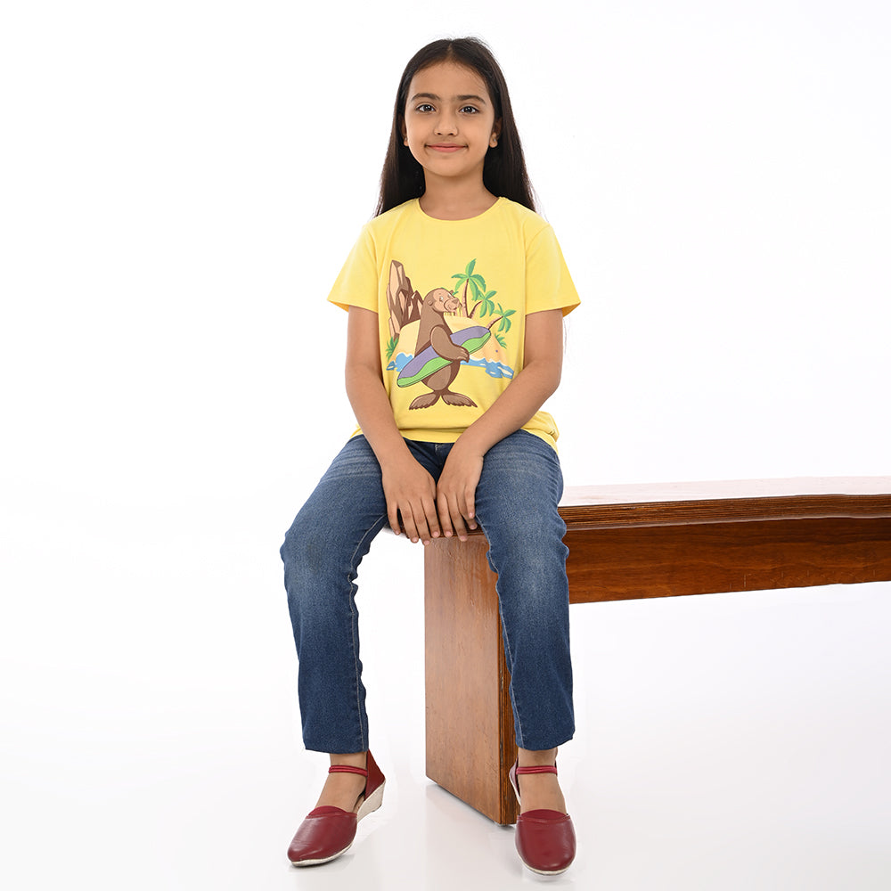 Yellow 100% Cotton Crew Neck Girl's T Shirt