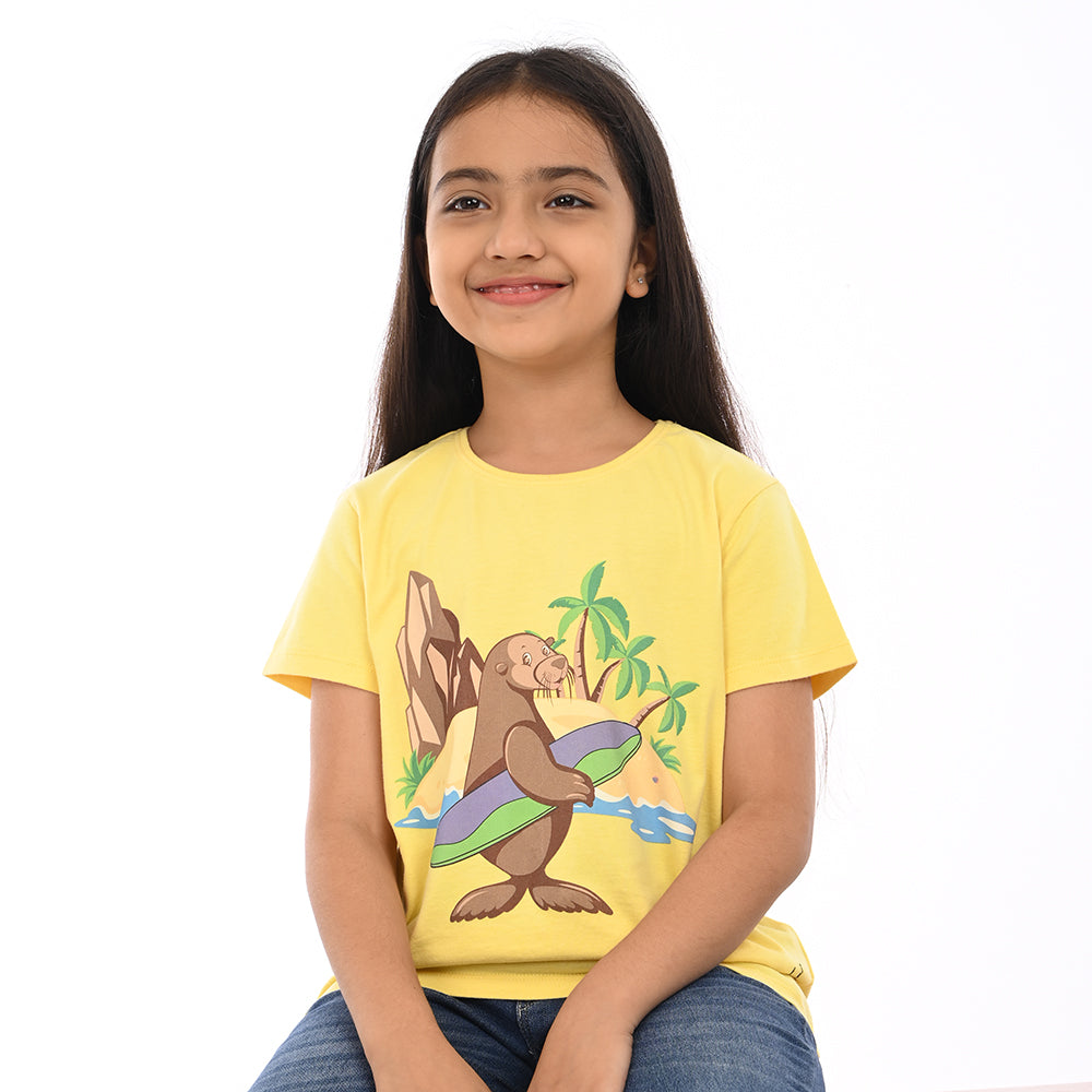 Yellow 100% Cotton Crew Neck Girl's T Shirt