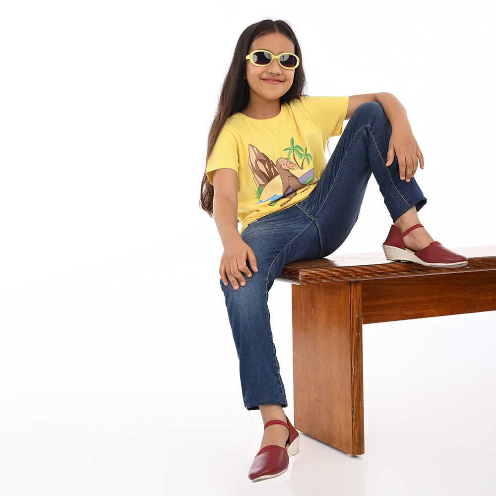 Yellow 100% Cotton Crew Neck Girl's T Shirt
