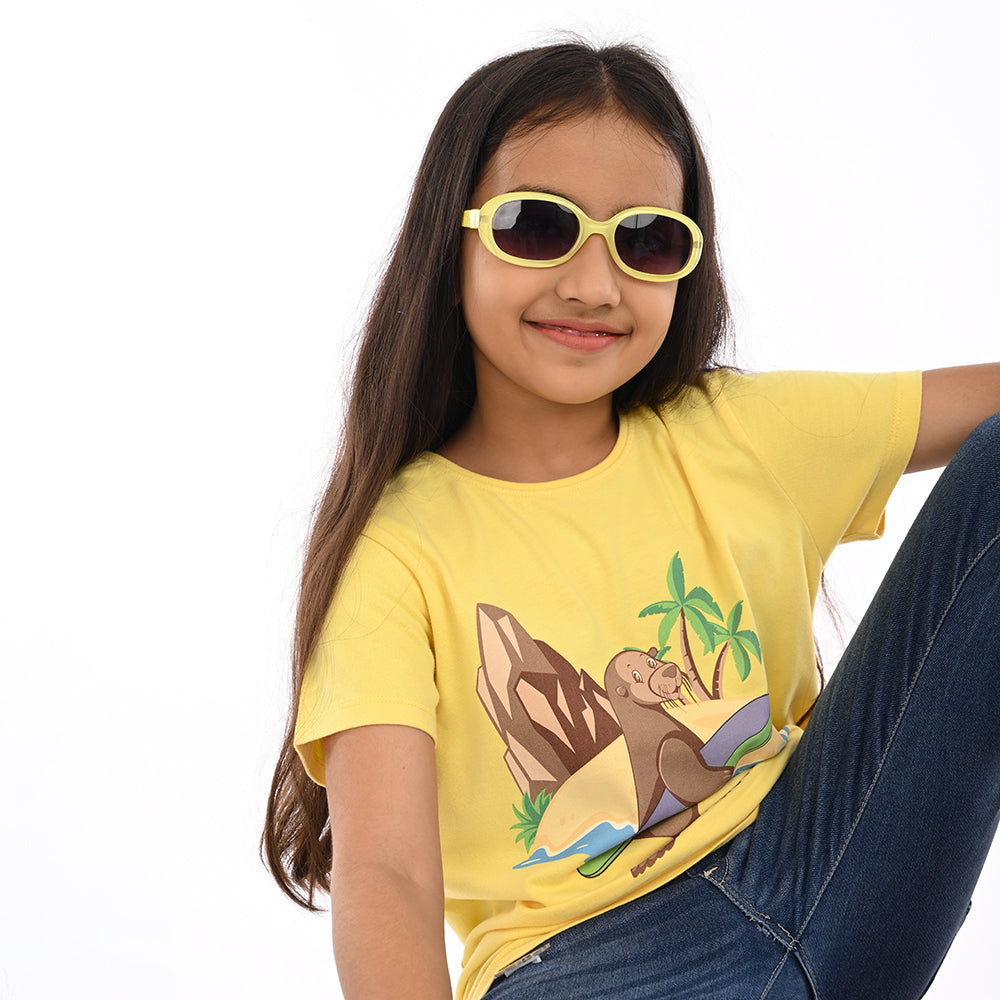 Yellow 100% Cotton Crew Neck Girl's T Shirt