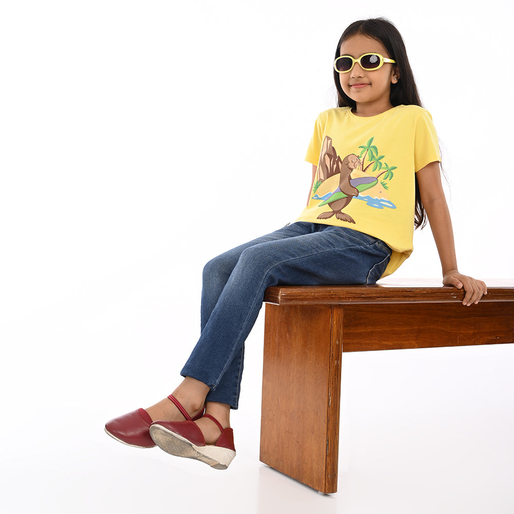 Yellow 100% Cotton Crew Neck Girl's T Shirt