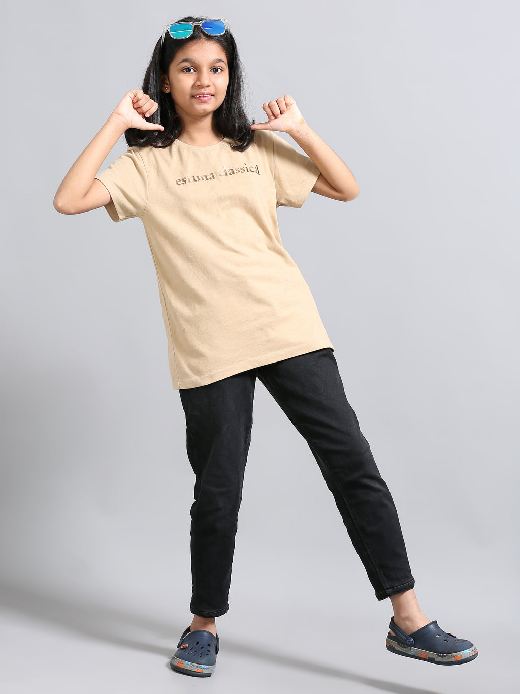Beige 100% Cotton Crew Neck Girl's T Shirt