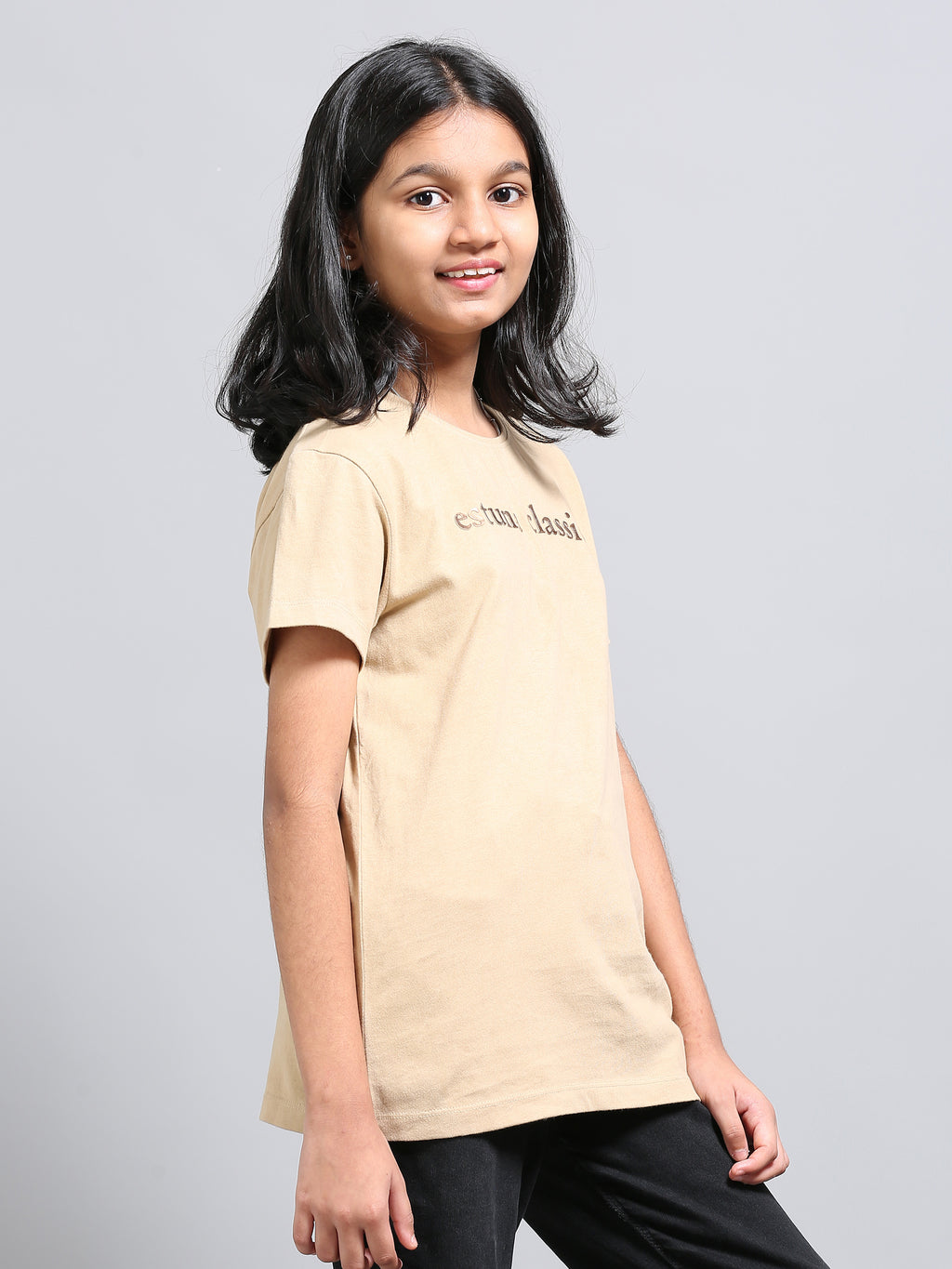 Beige 100% Cotton Crew Neck Girl's T Shirt