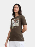 Olive Green Cotton Crew Neck Printed T-Shirt For Women