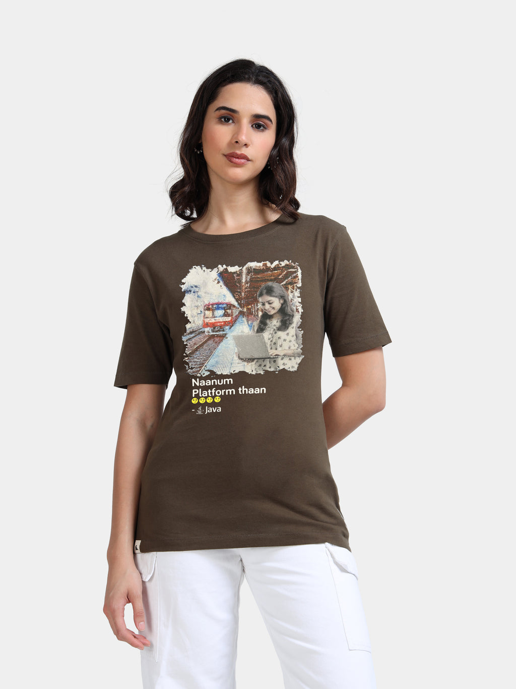 Olive Green Cotton Crew Neck Printed T-Shirt For Women