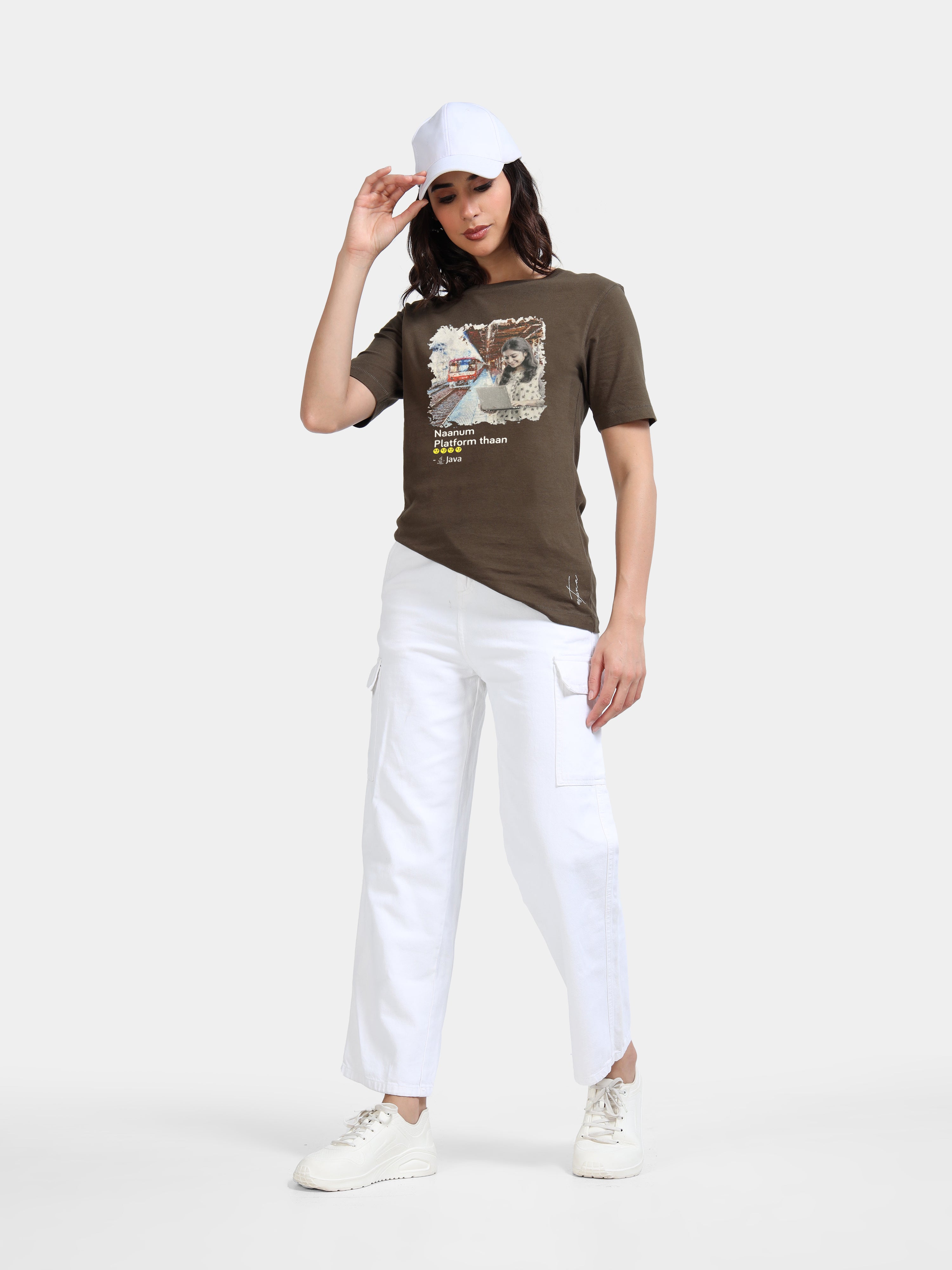 Olive Green Cotton Crew Neck Printed T-Shirt For Women