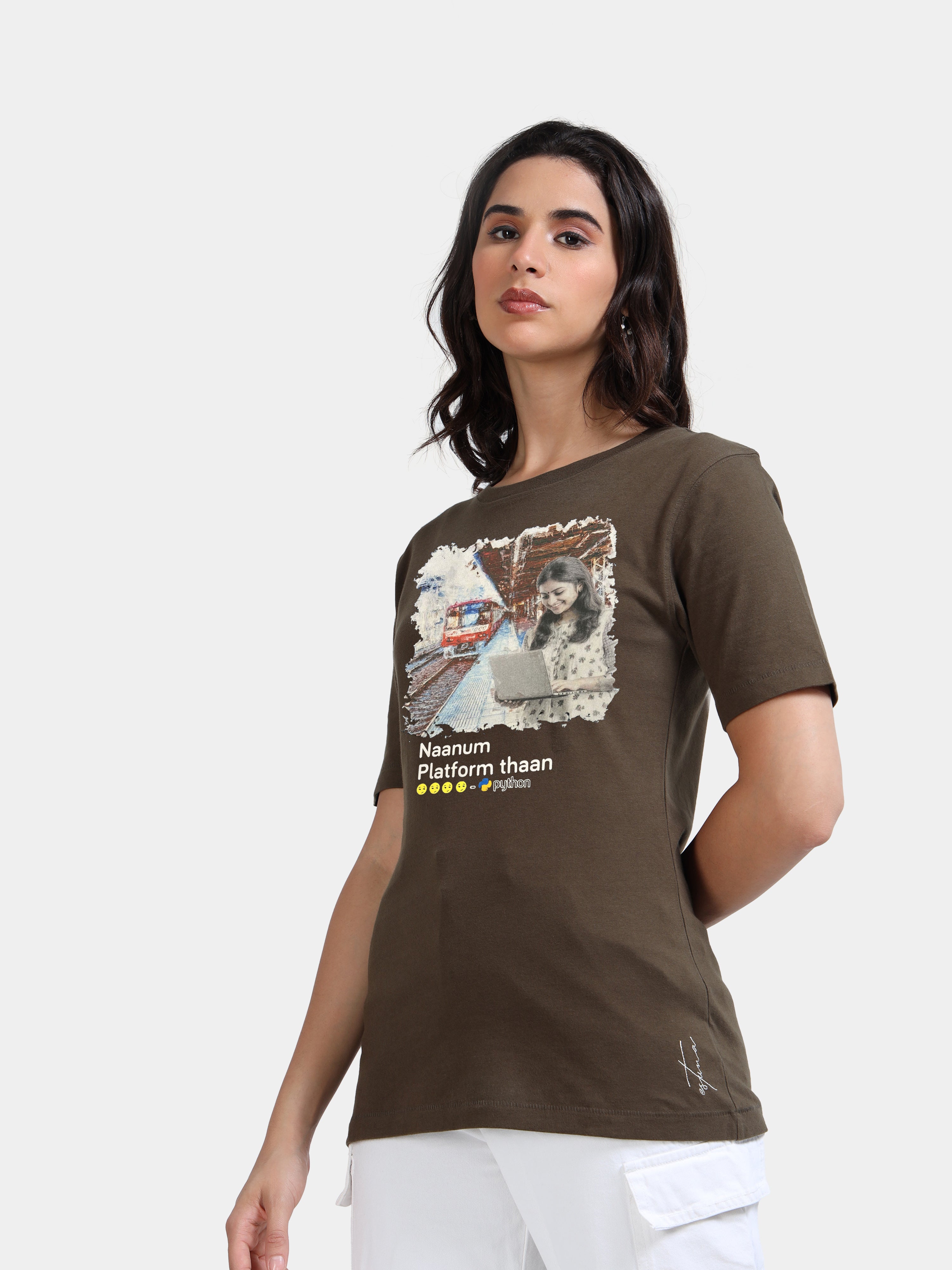 Olive Green Cotton Crew Neck Printed T-Shirt For Women