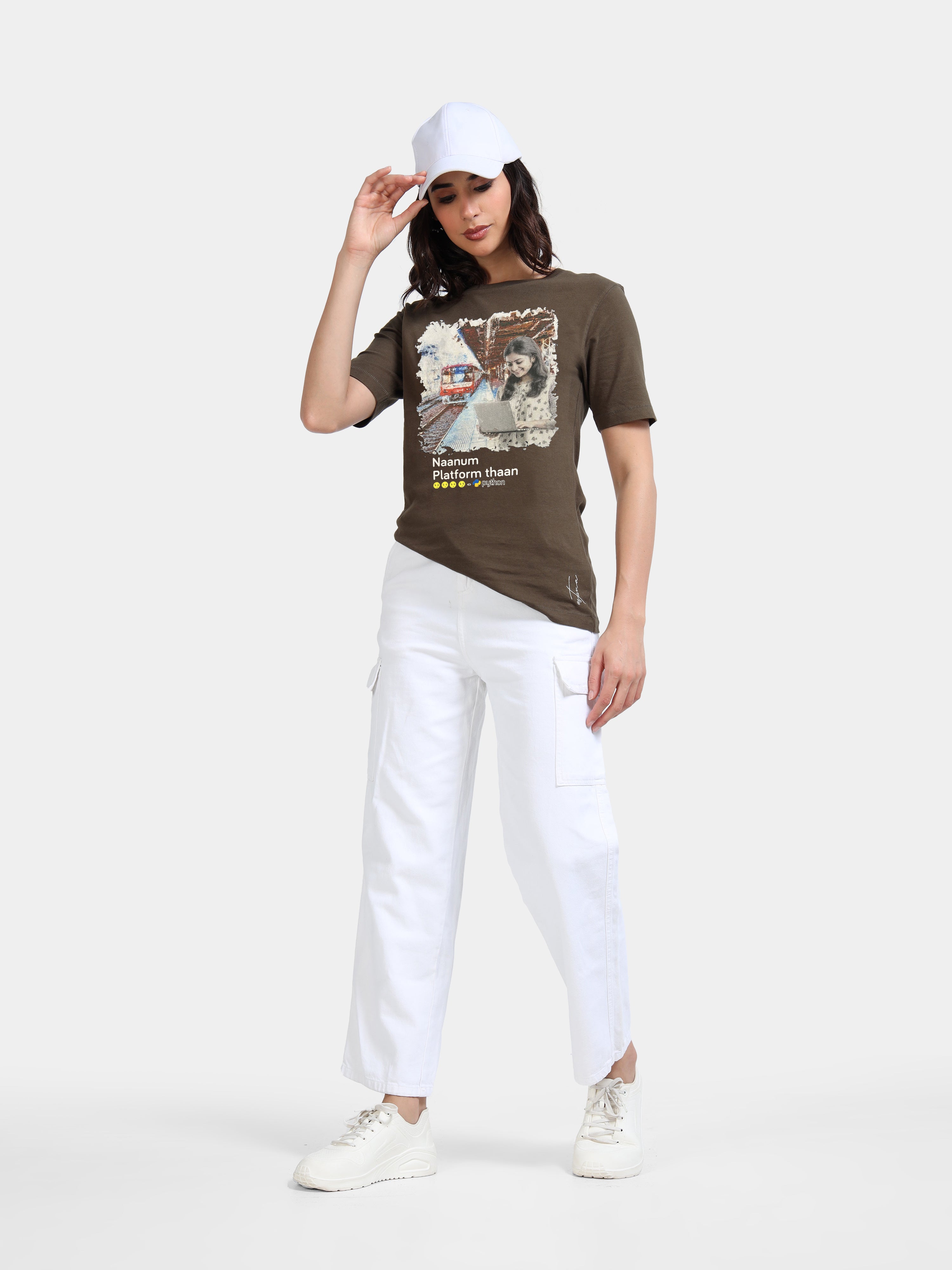 Olive Green Cotton Crew Neck Printed T-Shirt For Women