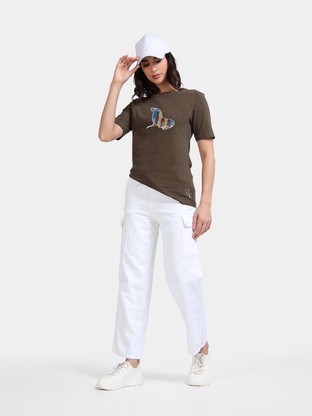 Olive Green Cotton Crew Neck Printed T-Shirt For Women