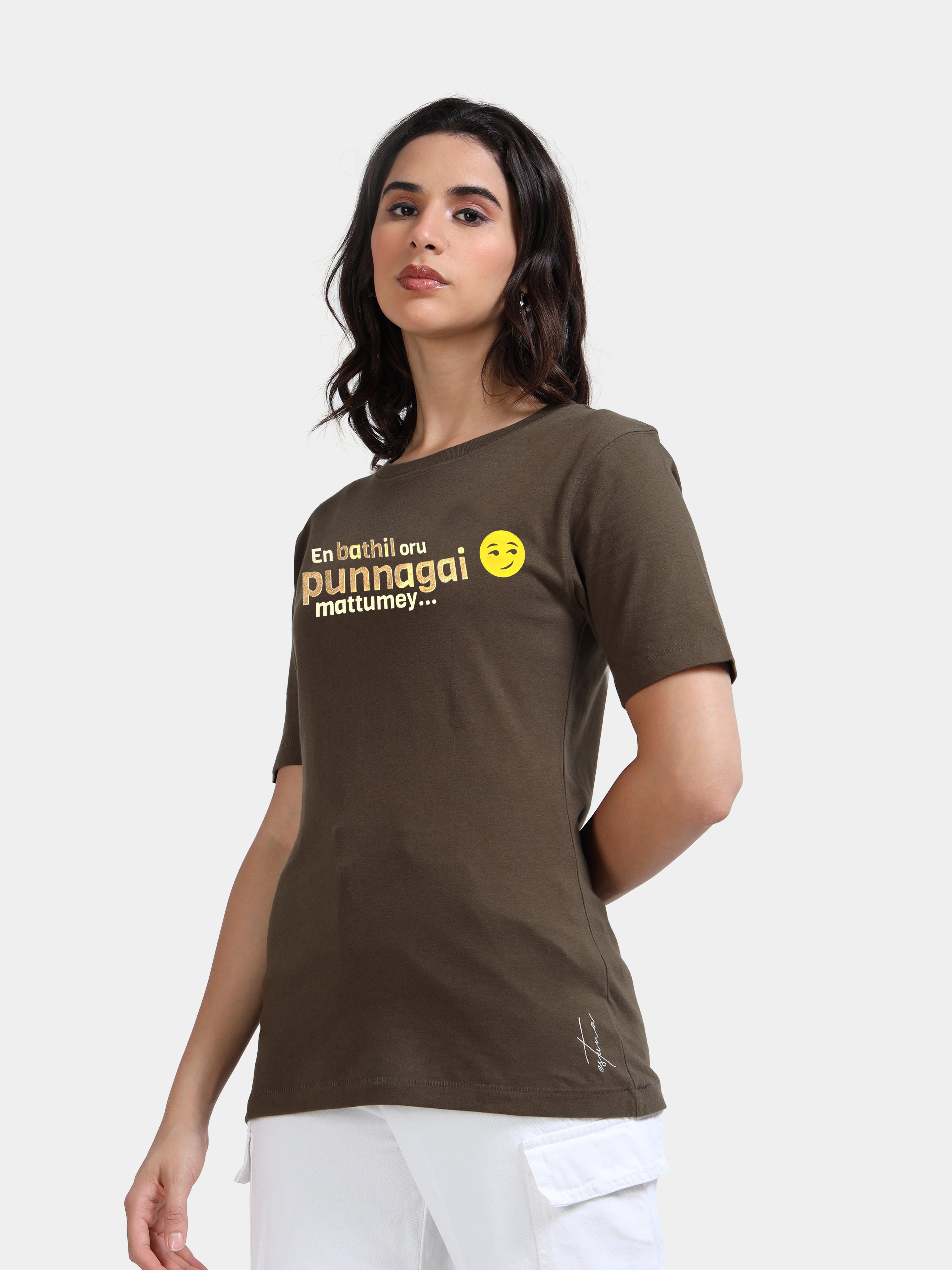 Olive Green Cotton Crew Neck Printed T-Shirt For Women