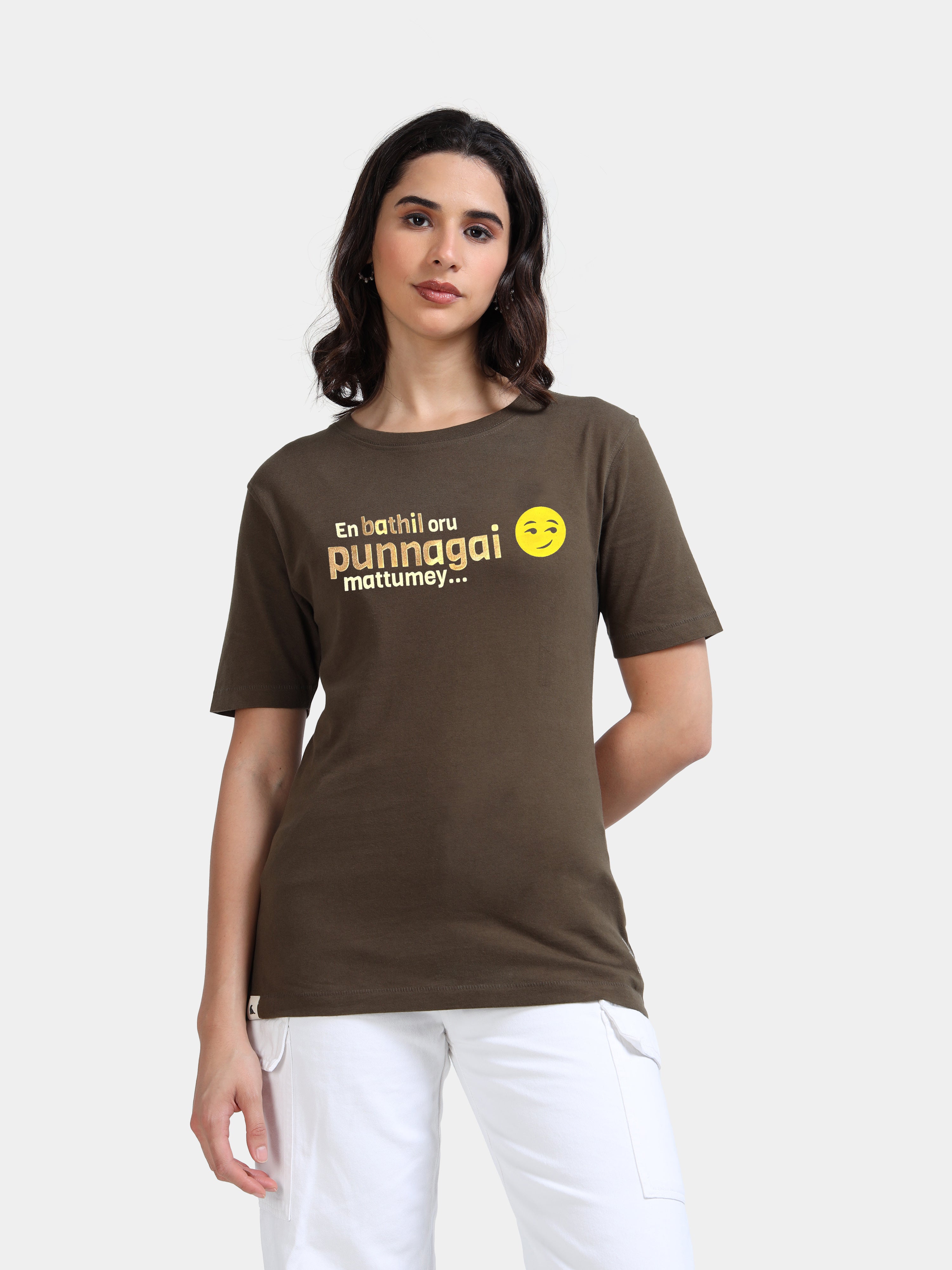 Olive Green Cotton Crew Neck Printed T-Shirt For Women