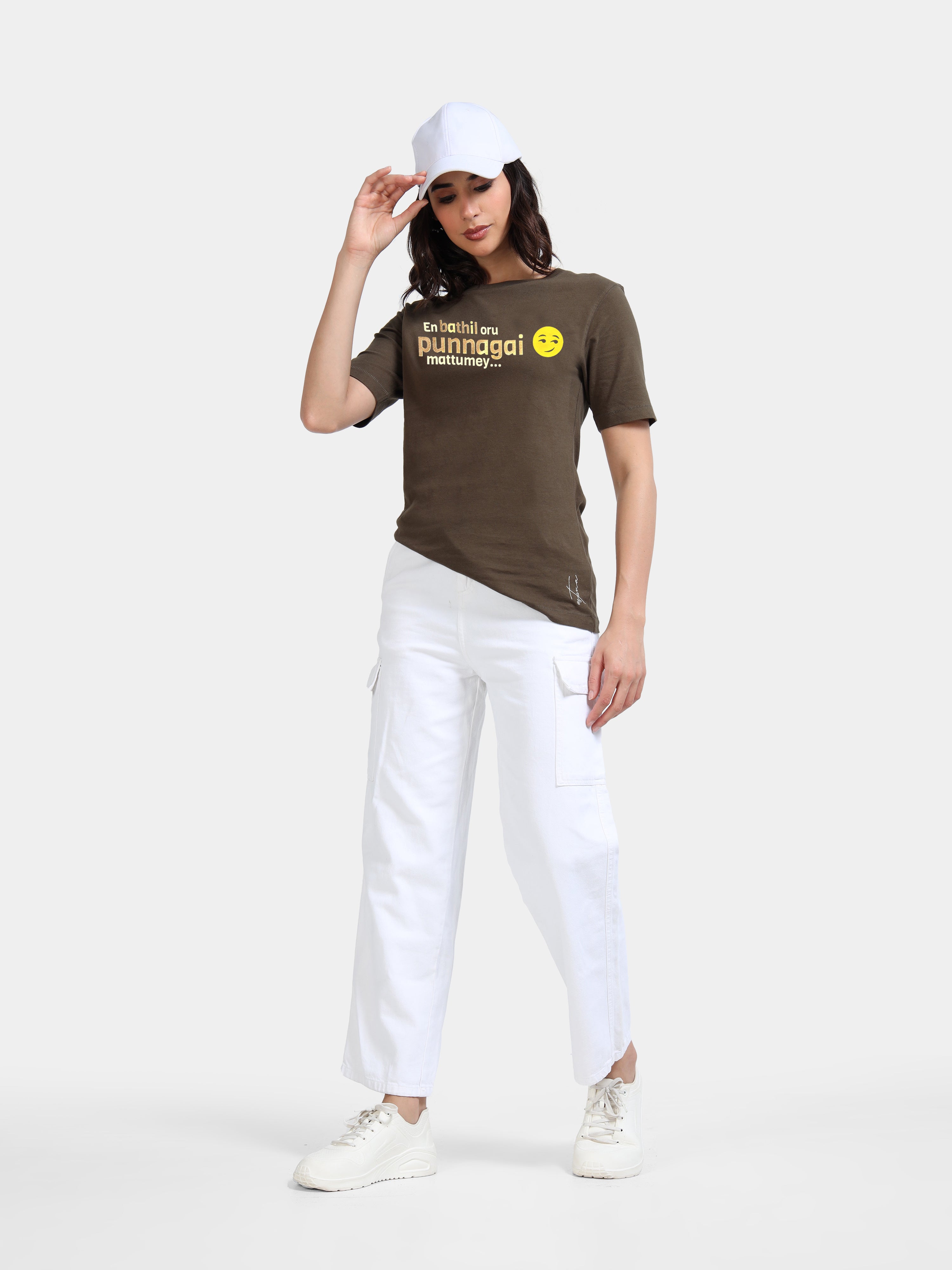 Olive Green Cotton Crew Neck Printed T-Shirt For Women