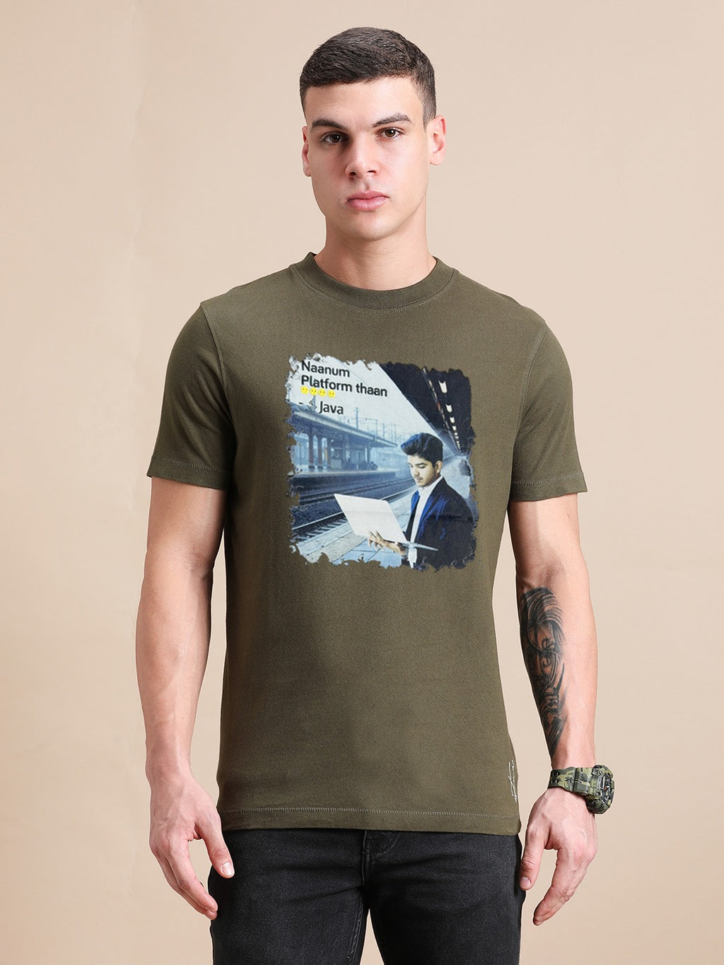 Olive Green Cotton Crew Neck Printed T-Shirt For Men
