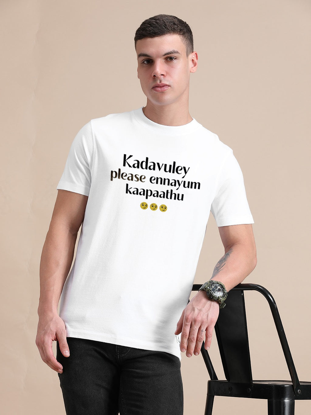 White Cotton Crew Neck Printed T-Shirt For Men