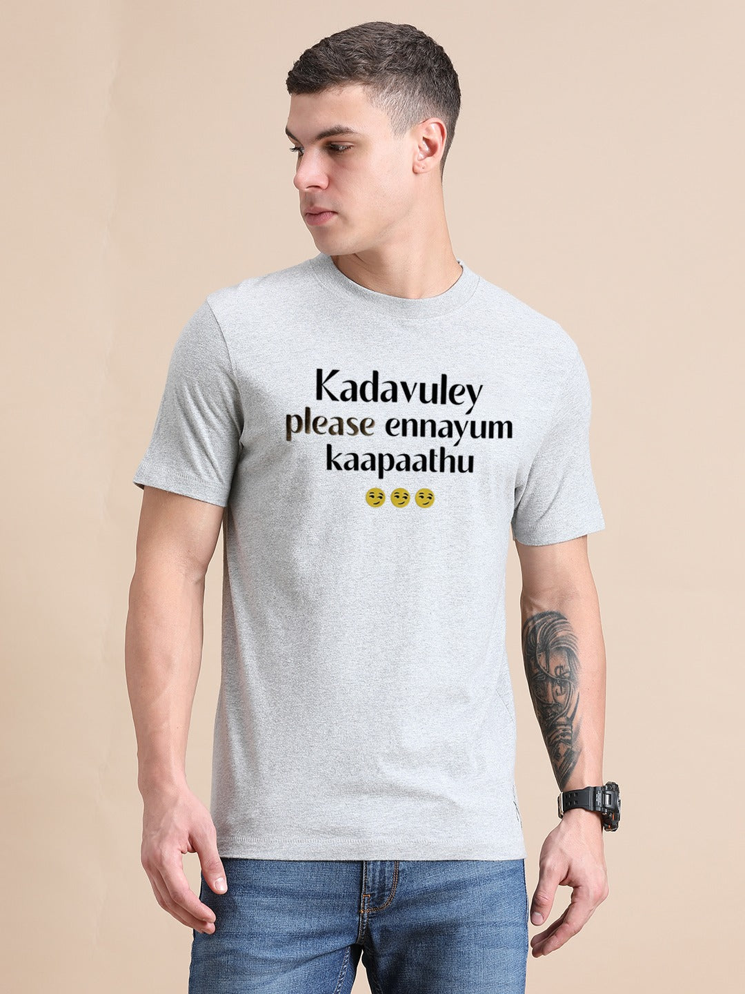 Melange Cotton Crew Neck Printed T-Shirt For Men