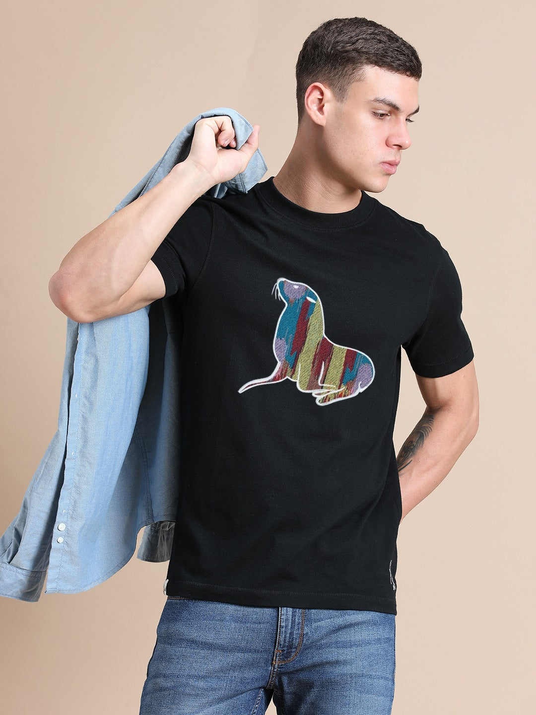 Black Cotton Crew Neck Logo T-Shirt For Men
