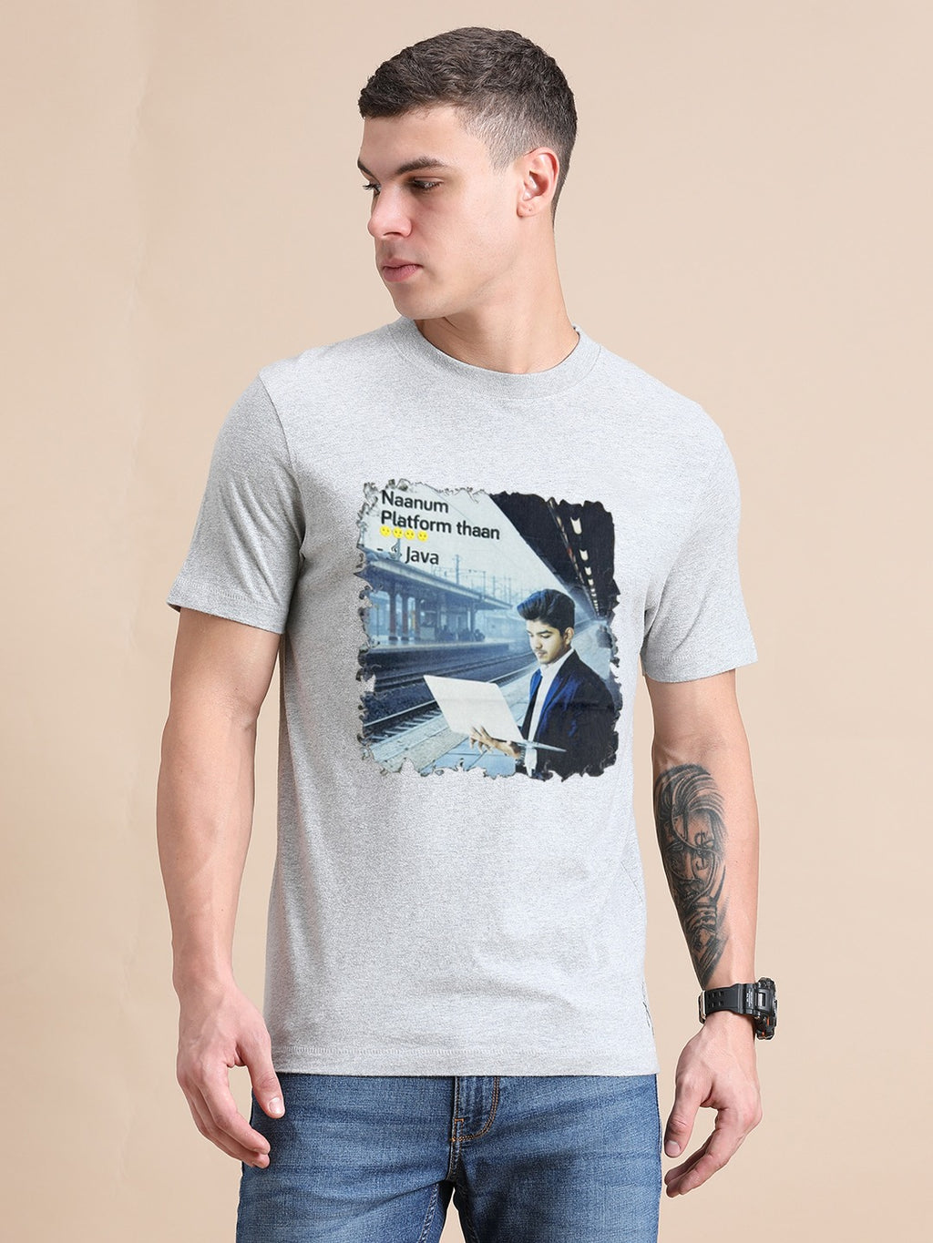 Melange Cotton Crew Neck Printed T-Shirt For Men