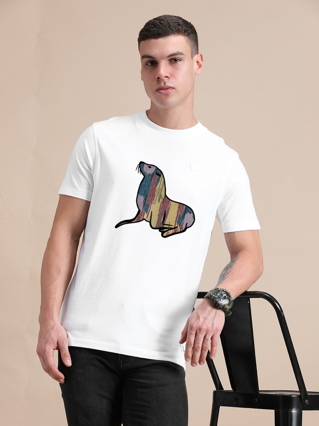 White Cotton Crew Neck Printed T-Shirt For Men