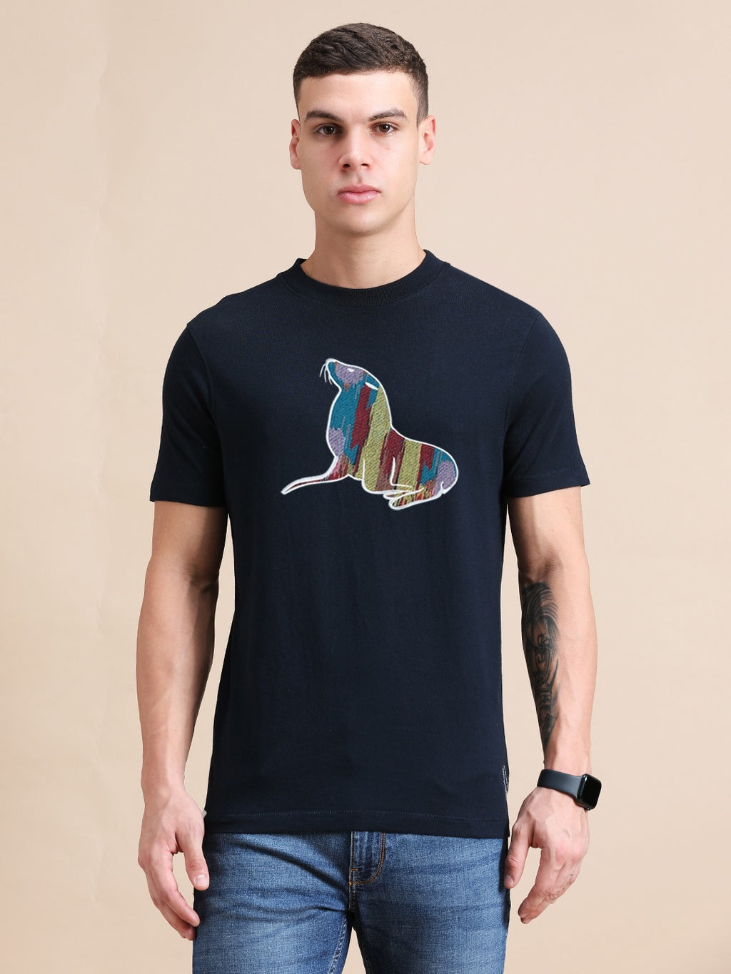 Navy Blue Cotton Crew Neck Logo T-Shirt For Men