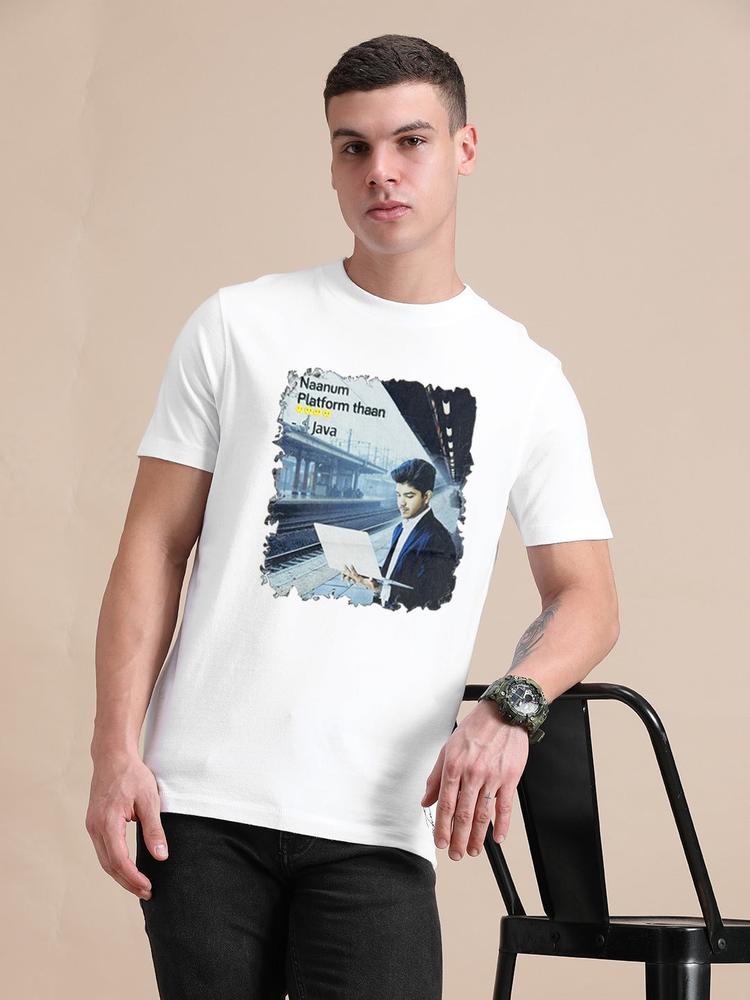 White Cotton Crew Neck Printed T-Shirt For Men