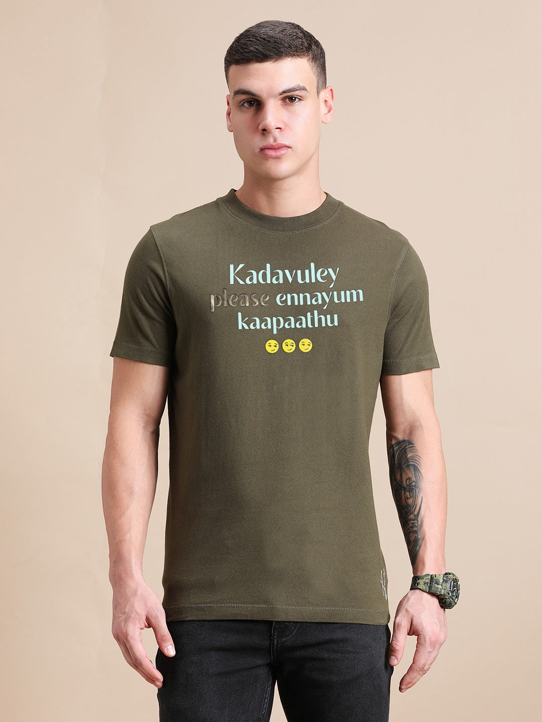 Olive Green Cotton Crew Neck Printed T-Shirt For Men