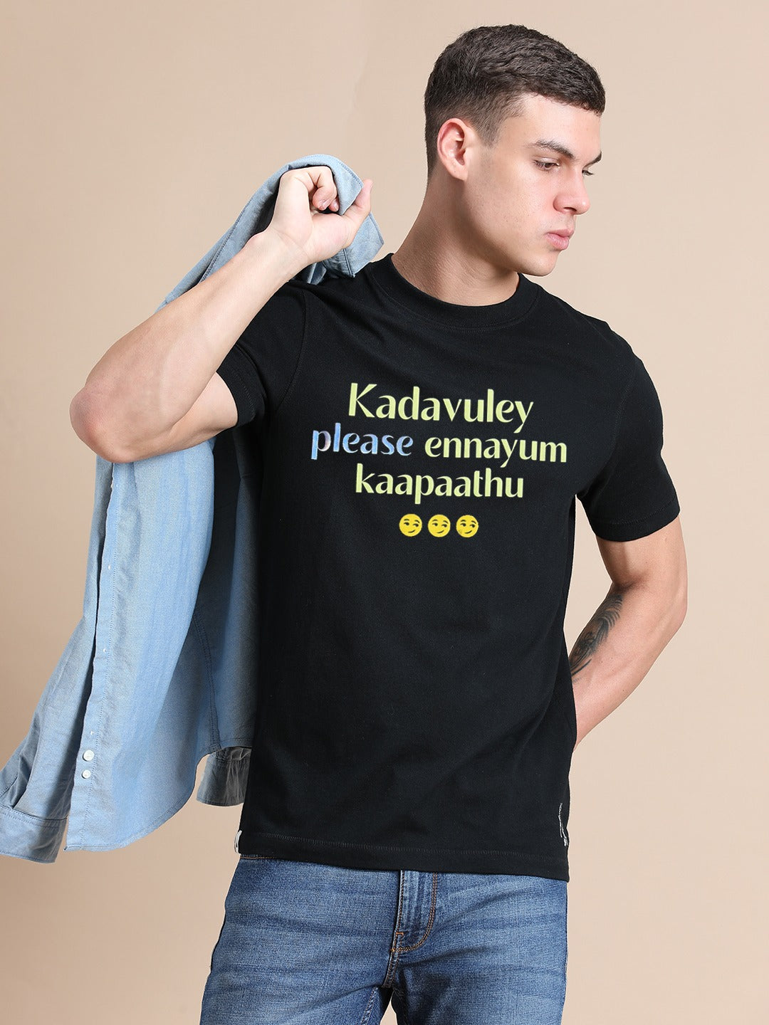 Black Cotton Crew Neck Printed T-Shirt For Men