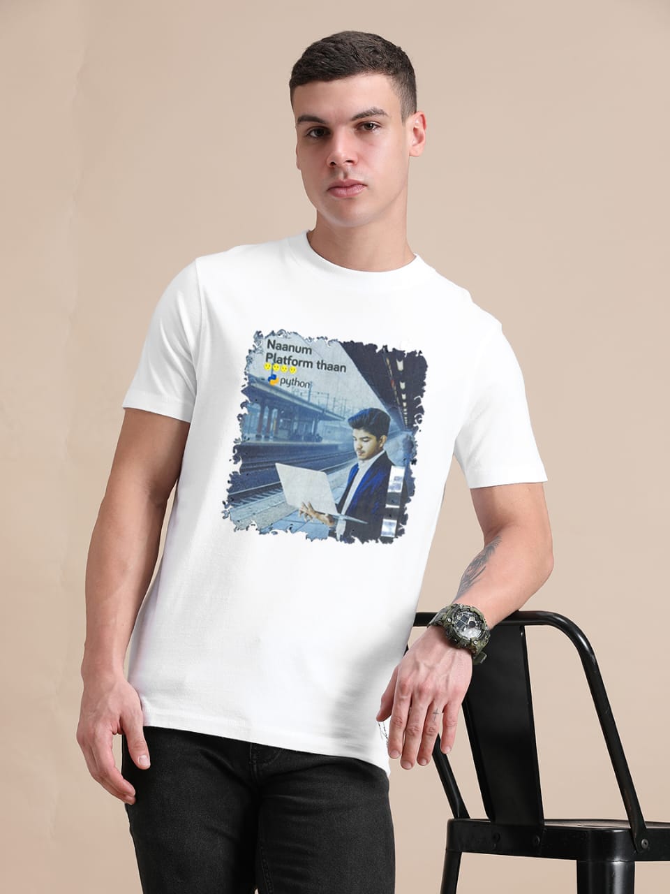 White Cotton Crew Neck Printed T-Shirt For Men