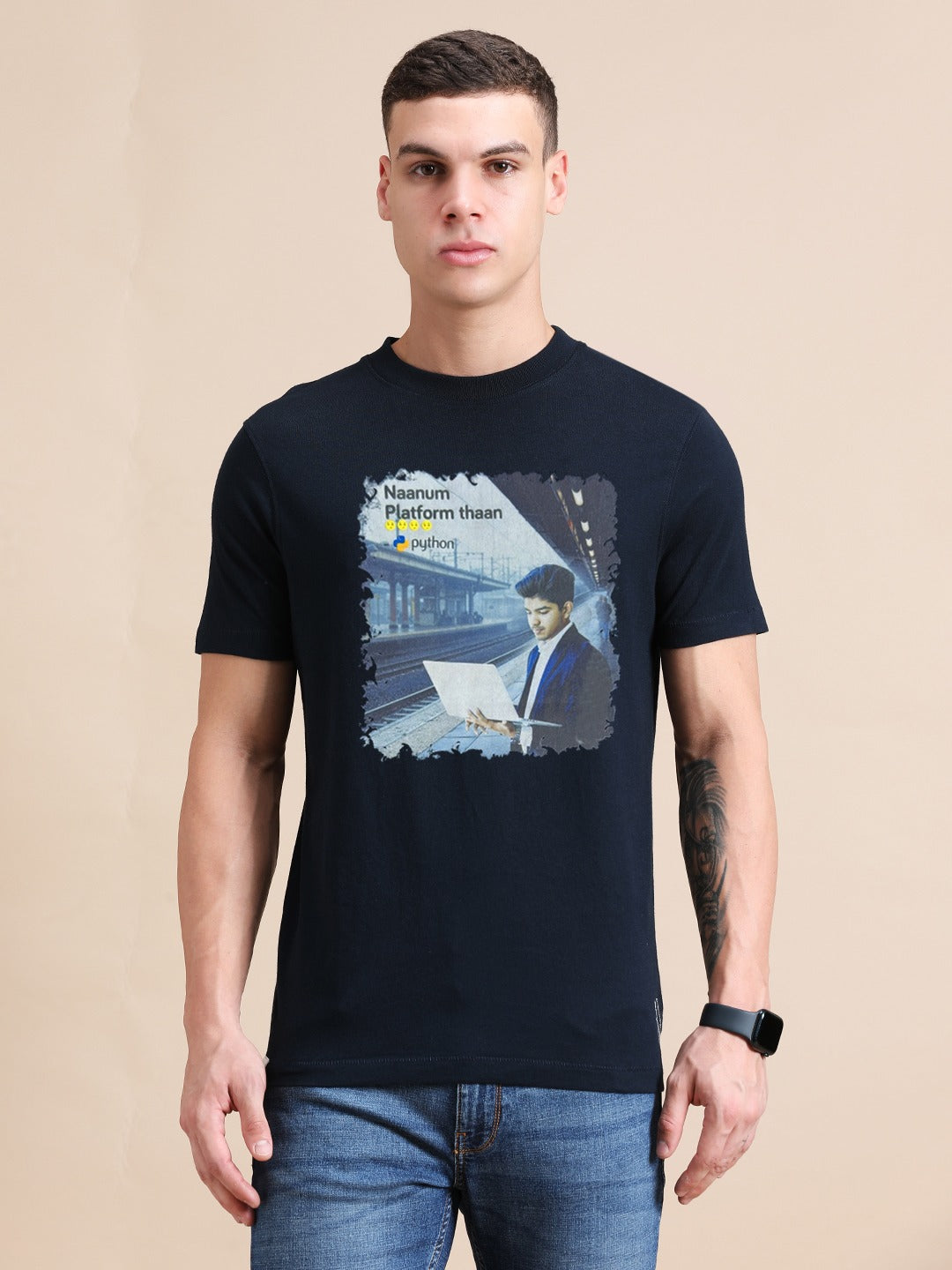 Navy Blue Cotton Crew Neck Printed T-Shirt For Men