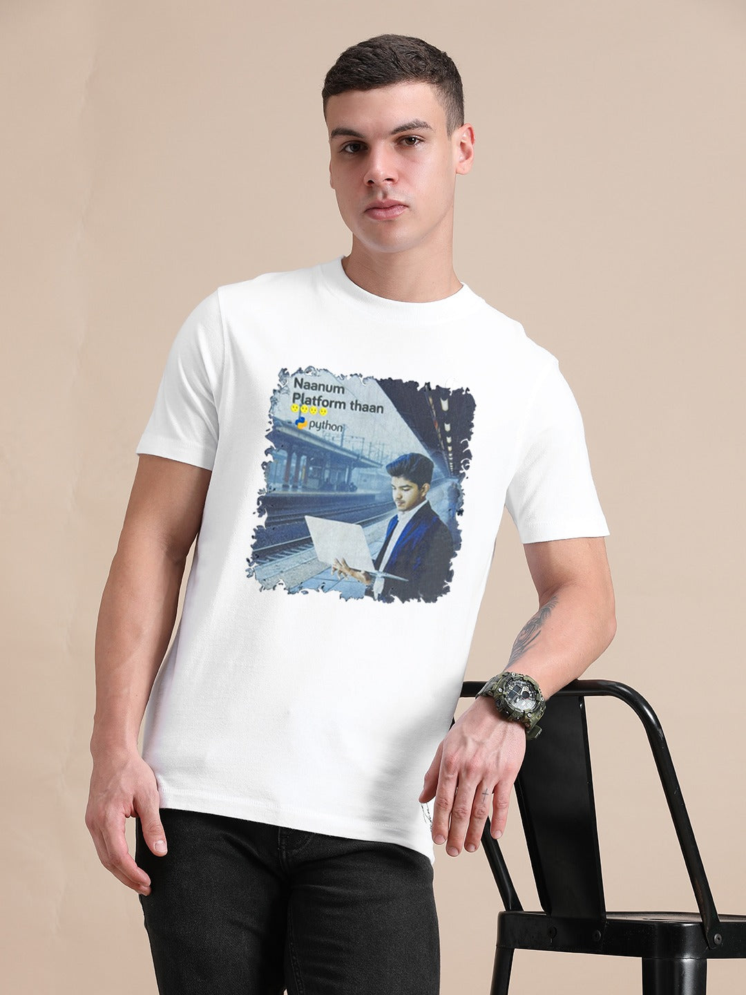 White Cotton Crew Neck Printed T-Shirt For Men