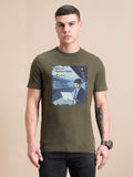 Olive Green Cotton Crew Neck Printed T-Shirt For Men