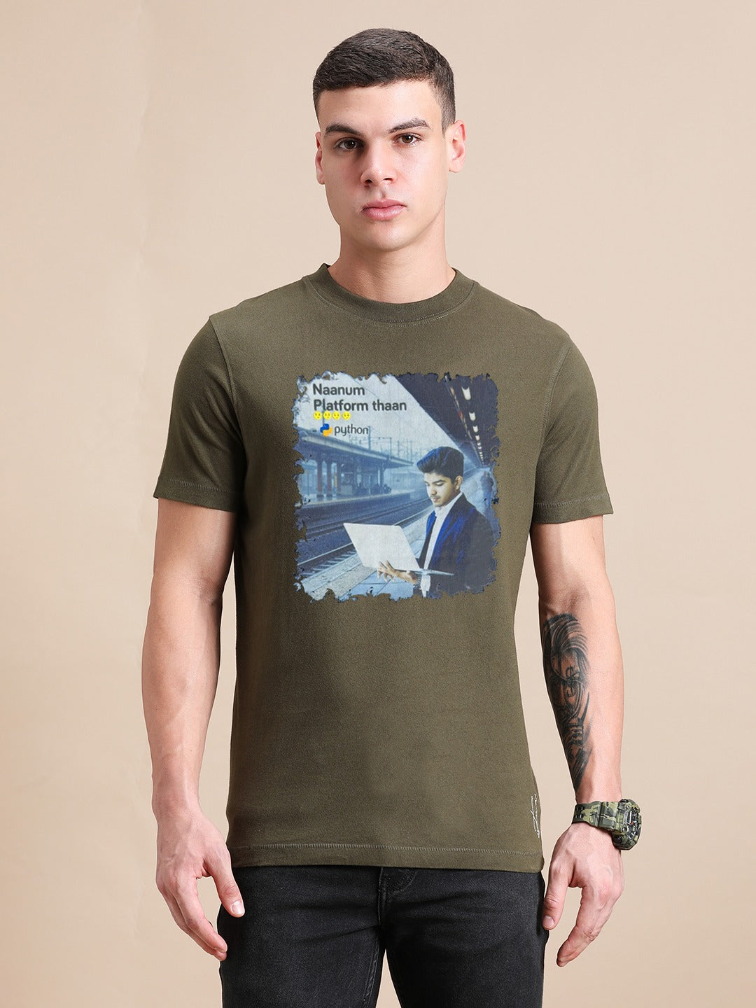 Olive Green Cotton Crew Neck Printed T-Shirt For Men