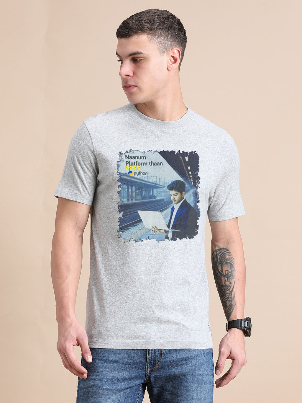 Melange Cotton Crew Neck Printed T-Shirt For Men