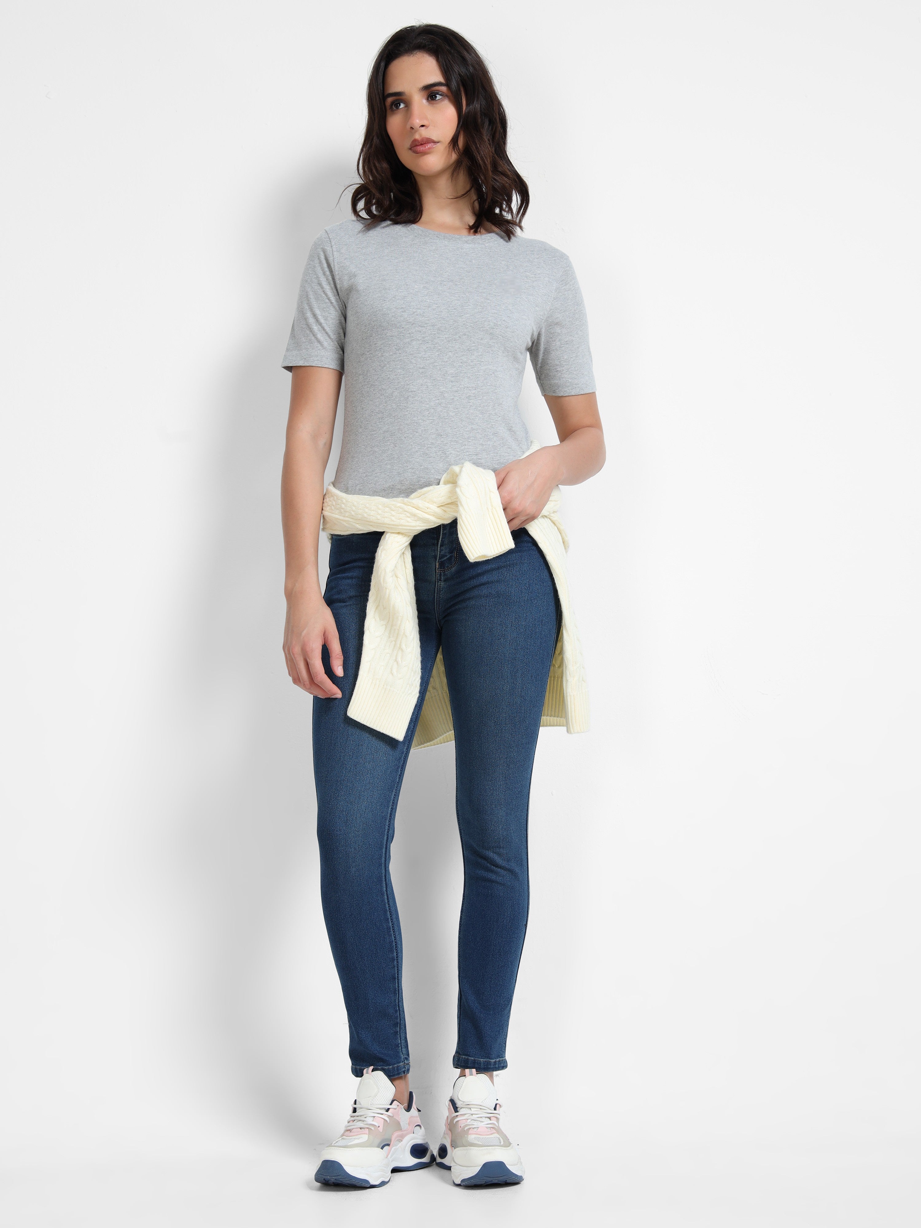 Melange Cotton Crew Neck Plain T-Shirt For Women