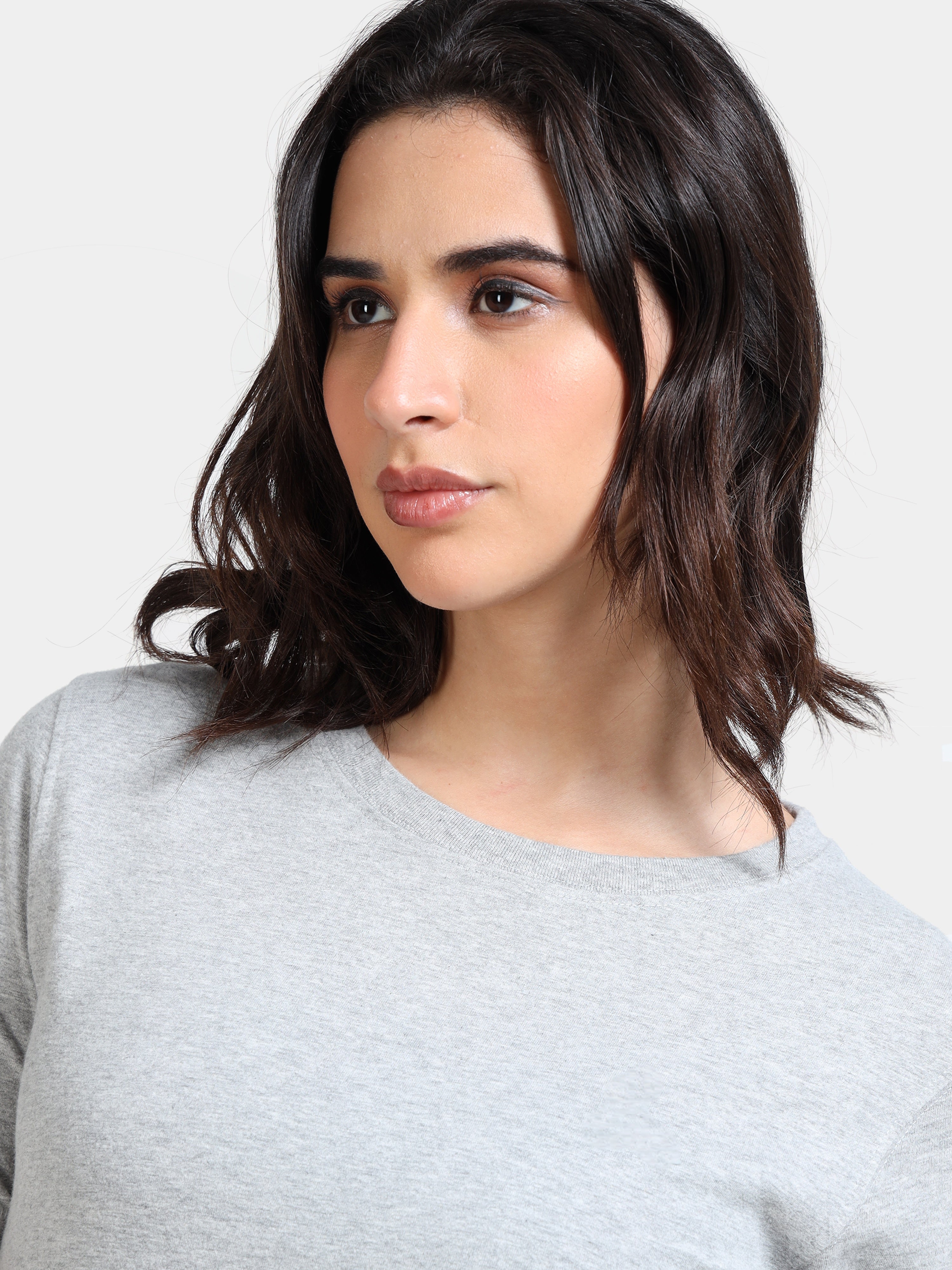 Melange Cotton Crew Neck Plain T-Shirt For Women