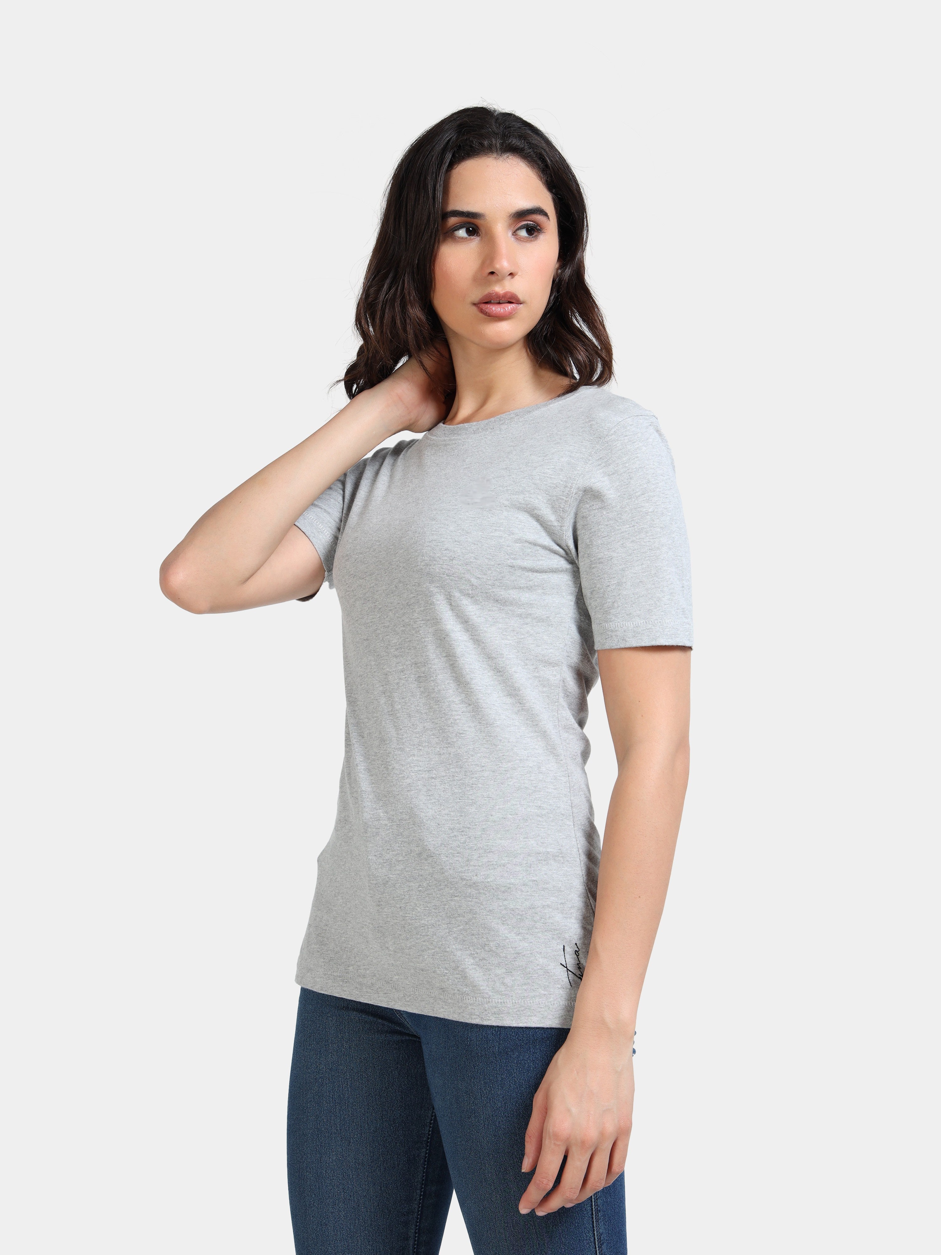 Melange Cotton Crew Neck Plain T-Shirt For Women