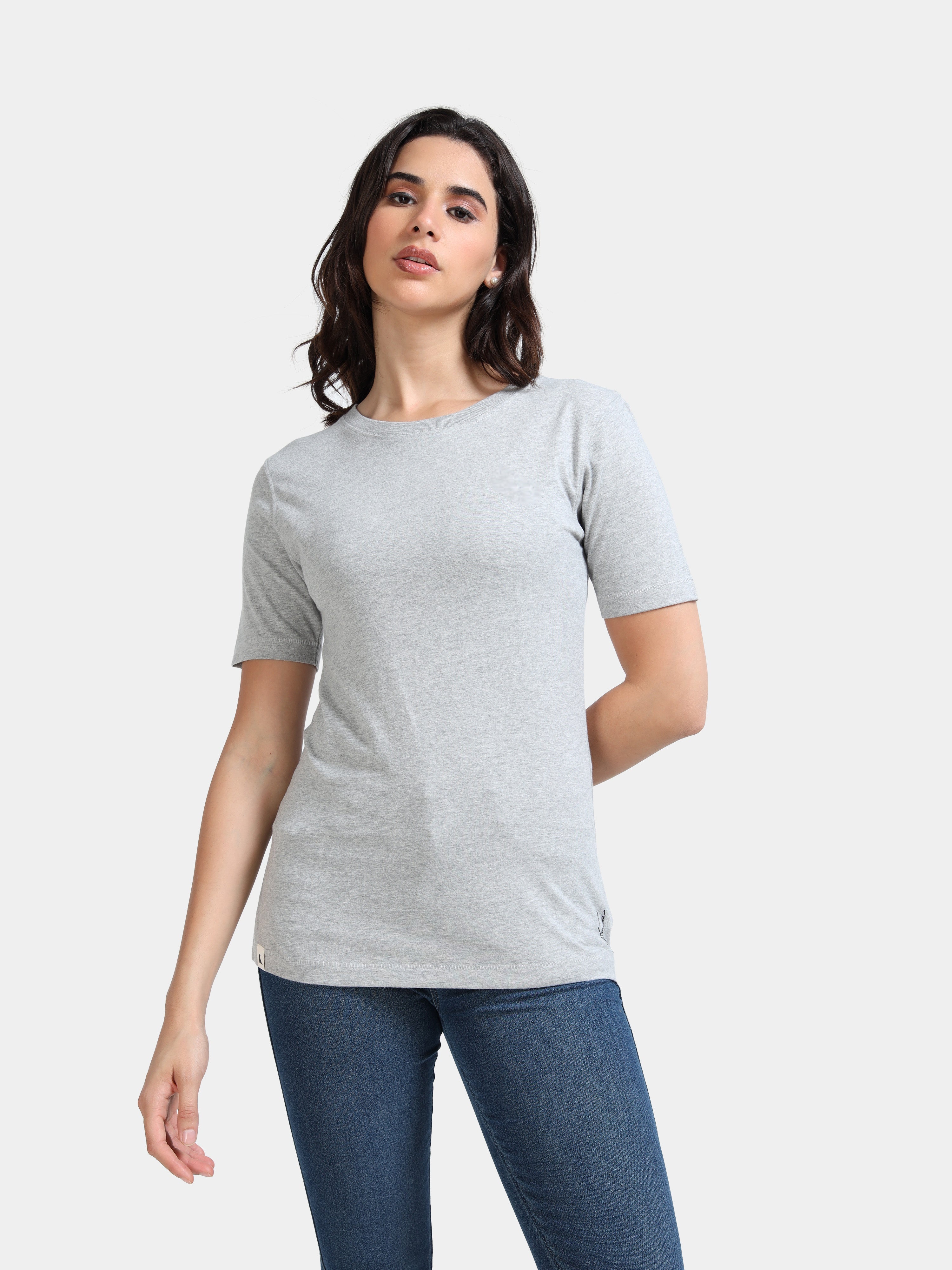 Melange Cotton Crew Neck Plain T-Shirt For Women