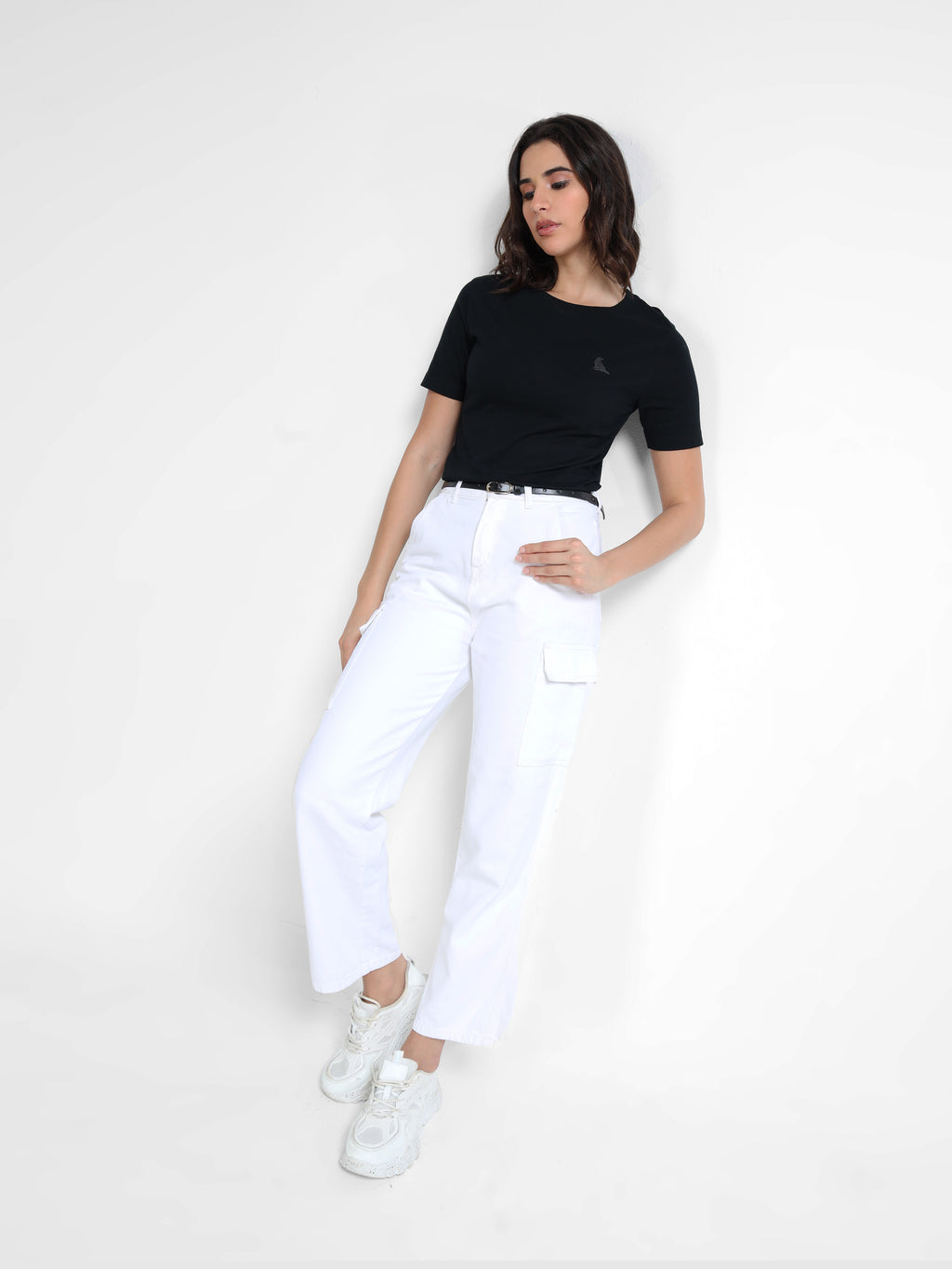 Black Cotton Crew Neck Logo T-Shirt For Women