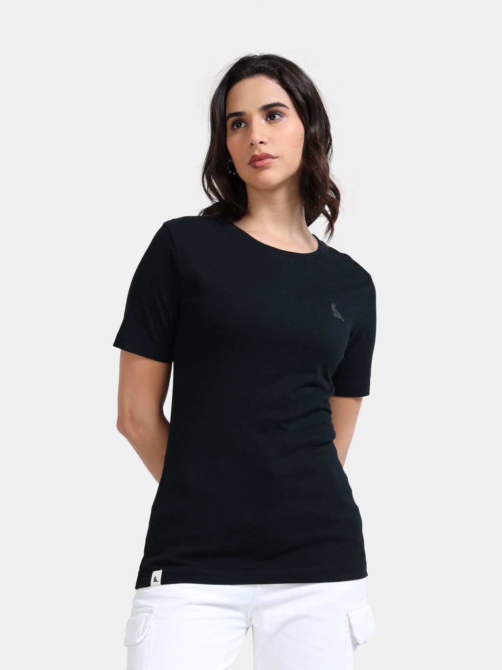 Black Cotton Crew Neck Logo T-Shirt For Women