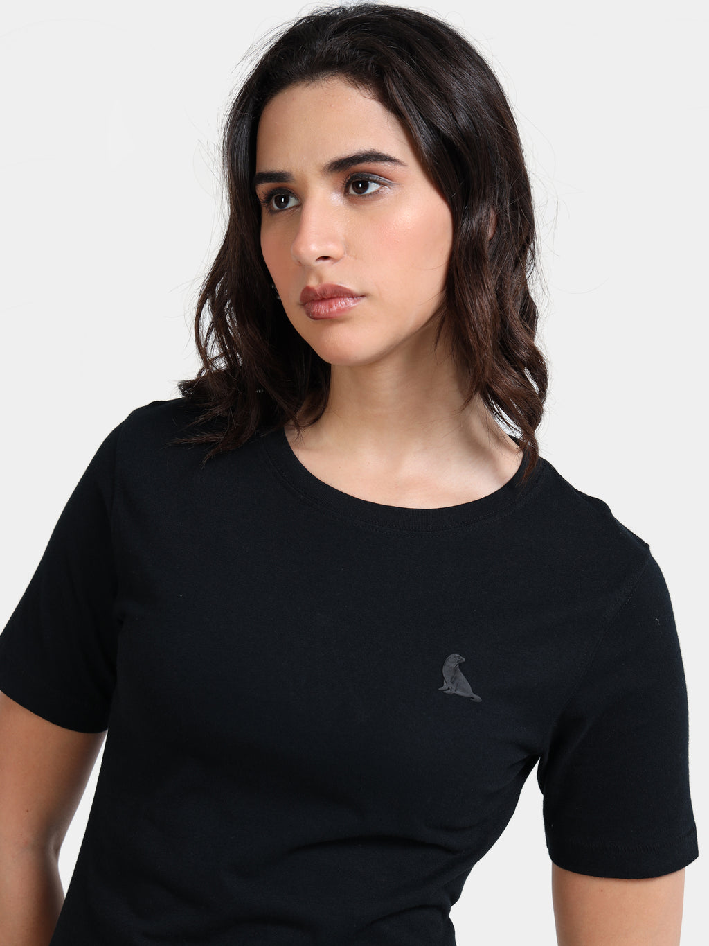 Black Cotton Crew Neck Logo T-Shirt For Women