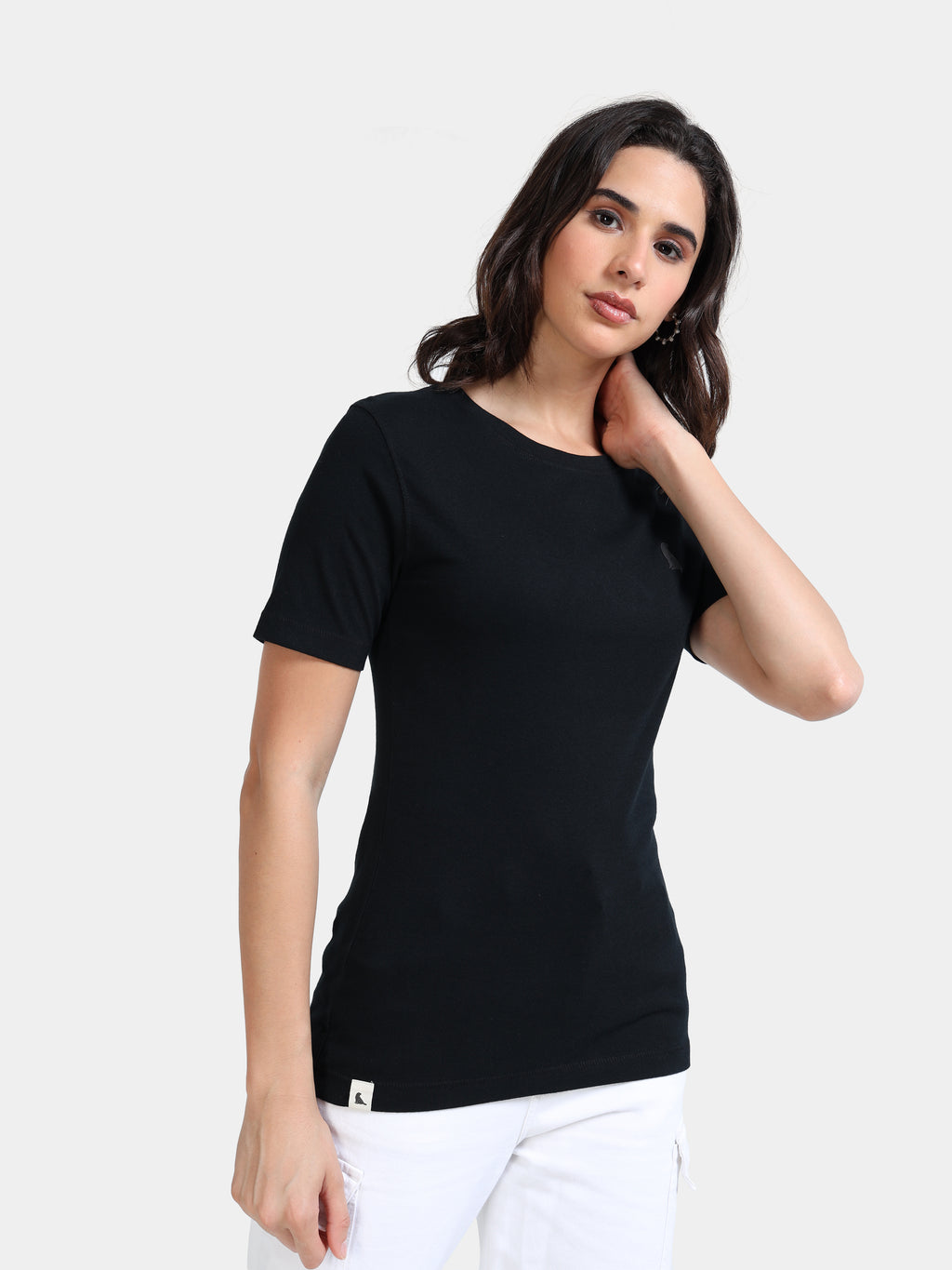 Black Cotton Crew Neck Logo T-Shirt For Women