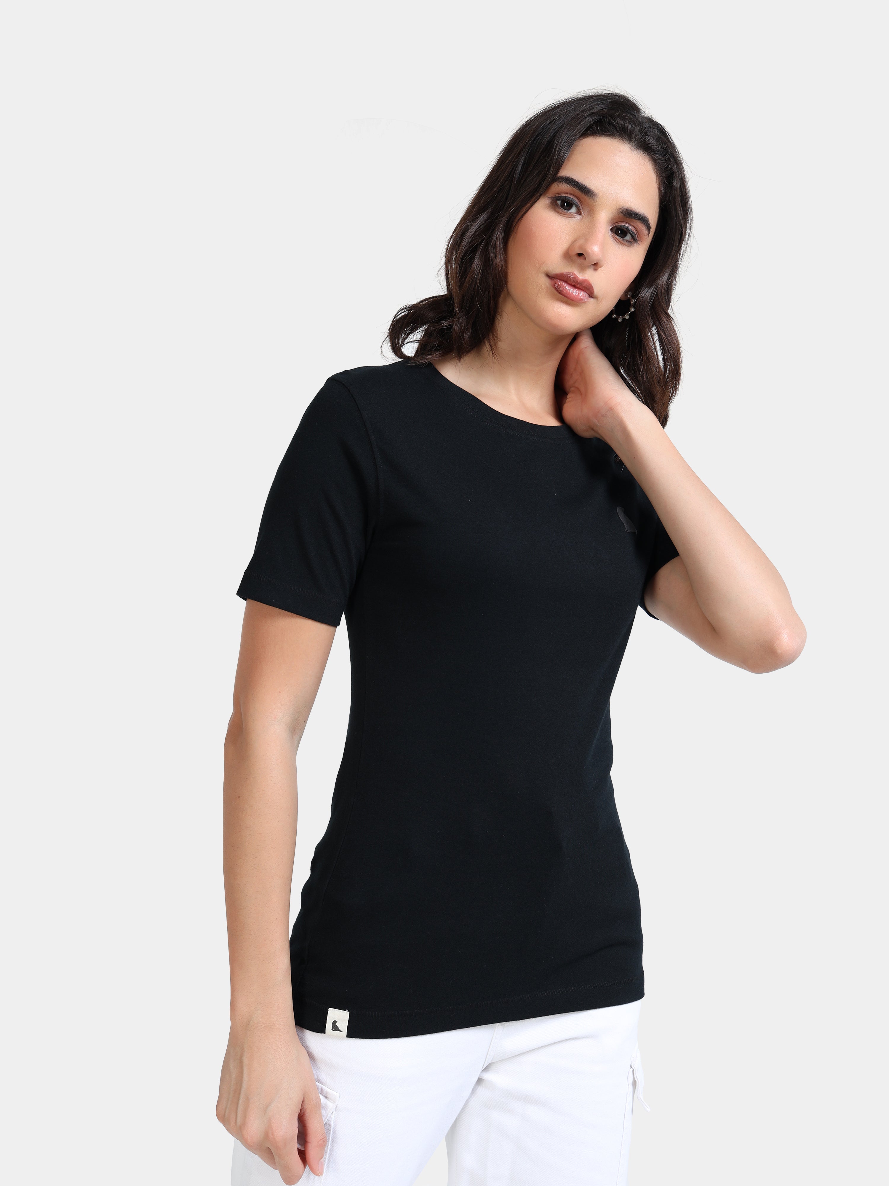 Black Cotton Crew Neck Logo T-Shirt For Women